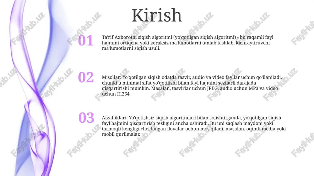 atiladi. axborotni siqish algoritmi- ma'lumotlar qiymatlarini bashorat qilish uchun statistik modellardan foydalanadigan yo'qotishsiz siqish algoritmi- ma'lumotlarni bloklarga ajratadi va blok ichidagi har bir belgiga ehtimollik qiymatlarini beradi- belgilarni ehtimolliklariga qarab qisqaroq kodlar bilan almashtiradi, umumiy fayl hajmini kamaytiradi. huffman kodlash huffman kodlash: ma'lumotlarni yo'qotishsiz siqish algoritmihuffman kodlash ma'lumotlarni yo'qotishsiz siqish uchun ishlatiladigan usuldir. u oʻzgaruvchan uzunlikdagi kodlarni belgilarga ularning paydo boʻlish chastotasiga qarab, qisqaroq kodlar esa tez-tez uchraydigan belgilarga tayinlaydi axborotni siqish algoritmi: encoding and decodingaxborotni siqish algoritmi samarali kodlash va dekodlashga qaratilgan huffman kodlashining amalga oshirilishidir. u kodlar kitobini ifodalash uchun ierarxik daraxt strukturasidan foydalanadi va kodli so'zlarning noyob tayinlanishini ta'minlash uchun prefikssiz kodlash sxemasidan foydalanadi huffman codingning afzalliklari va ilovalarihuffman kodlash bir qancha afzalliklarni taqdim etadi, jumladan, uning soddaligi, yo'qotishsizligi va turli manbalardan ma'lumotlarni siqish samaradorligi. u matnni siqish, tasvirni siqish, tarmoq protokollari va raqamli saqlash tizimlari kabi sohalardagi ilovalarni topadi lempel-ziv-velch (lzw) siqish jarayoni: lzw algoritmi kiritilgan …