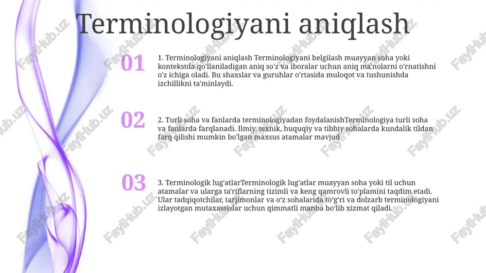 iyinchiliklar semantik tushunmovchiliklar: turli fanlar o'xshash so'zlarni turli ma'nolarga ega bo'lib, chalkashlikka olib keladi. kontseptual to'siqlar: har bir fanga xos bo'lgan maxsus atamalar va tushunchalar tushunishda qiyinchiliklarga olib kelishi mumkin. madaniy va kontekstdagi farqlar: muloqot uslublari va umidlari fanlar bo'yicha farqlanadi, bu o'zaro ta'sirlarning samaradorligiga ta'sir qiladi. e'tiboringiz uchun rahmat @taqdimot_robot image11.jpg image3.jpg image2.jpg /docprops/thumbnail.jpeg