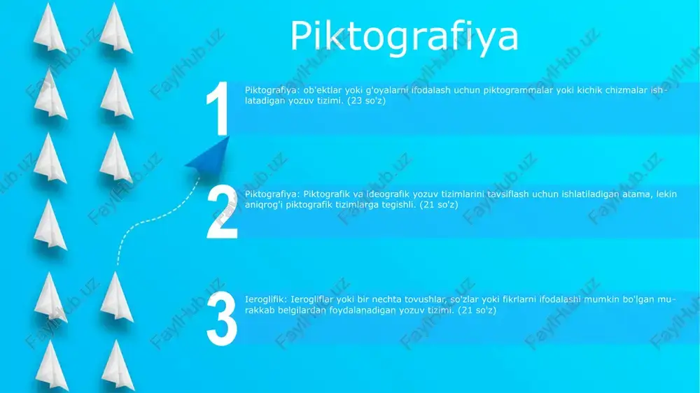 yada eramizdan avvalgi 3500-yillarda rivojlangan yozuvning ilk shakli.- loy lavhalarga bosilgan xanjar shaklidagi belgilardan iborat.- dastlab iqtisodiy operatsiyalarni yozib olish uchun ishlatilgan, keyinroq murakkabroq fikrlarni ifodalash uchun kengaytirilgan. logografiya:- butun soʻz yoki tushunchalarni ifodalash uchun ramzlardan foydalanadigan yozuv tizimi.- piktografiyadan, belgilarni soddalashtirib ishlab chiqilgan.- shumer mixxat yozuvi va mayya gliflariga misol boʻla oladi. e'tiboringiz uchun rahmat @taqdimot_robot image12.jpg image3.jpg image2.jpg /docprops/thumbnail.jpeg