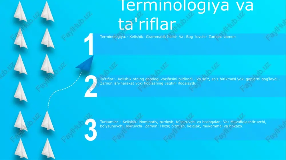 xos qo‘shimchalar qo‘llanadi, masalan, erkaklar uchun “-ağa”, ayollar uchun “-qiz”. vaqt o'zgarishi fe'l: bular voqea, holat yoki harakatning bajarilishini, sodir bo'lishini yoki davom etishini ifodalovchi so'zlardir. masalan: boring, ovqatlaning, o'qing, yozing olmoshlar: bular fe'lning predmeti, predmeti, bilvosita ob'ekti kabi fleksiyon qo'shimchalarini qabul qila oladigan so'zlardir. masalan: men, siz, u, biz, siz, ular old qo'shimchalar: bular ikki so'z yoki so'z turkumlari o'rtasida munosabat o'rnatadigan so'zlardir. masalan: bilan, uchun, ichida, ustida, ostida e'tiboringiz uchun rahmat @taqdimot_robot image12.jpg image3.jpg image2.jpg /docprops/thumbnail.jpeg