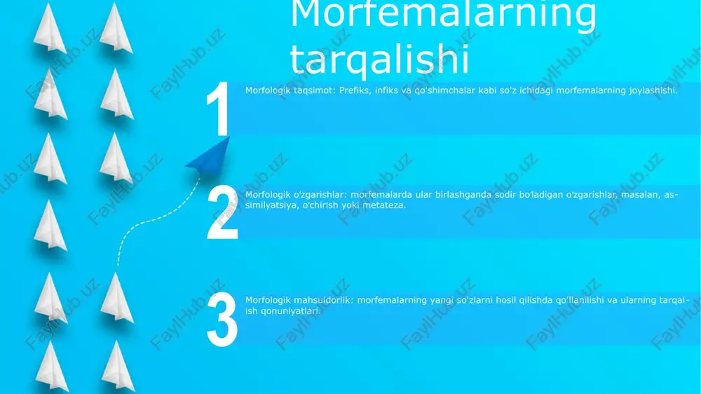 matik kategoriyalarga asoslangan o‘zgarishiga qaratilgan. morfologik tahlil:morfologik tahlil so'zlarning ichki tuzilishini o'rganadi, eng kichik ma'no birliklari bo'lgan morfemalarni aniqlaydi. bu morfemalarning qanday qilib so‘z hosil qilishini tushunishni o‘z ichiga oladi. morfologik tipologiya: morfologik tipologiya tillarni so‘z yasalish jarayonlariga qarab tasniflaydi. unda tillar soʻzlarga maʼno qoʻshish uchun asosan prefikslar, qoʻshimchalar yoki infikslardan foydalanishi, ularning agglyutinativ, izolyatsiyalovchi yoki termoyadroviy xususiyatlarga ega boʻlishi kabi jihatlar koʻrib chiqiladi. e'tiboringiz uchun rahmat @taqdimot_robot image12.jpg image3.jpg image2.jpg /docprops/thumbnail.jpeg