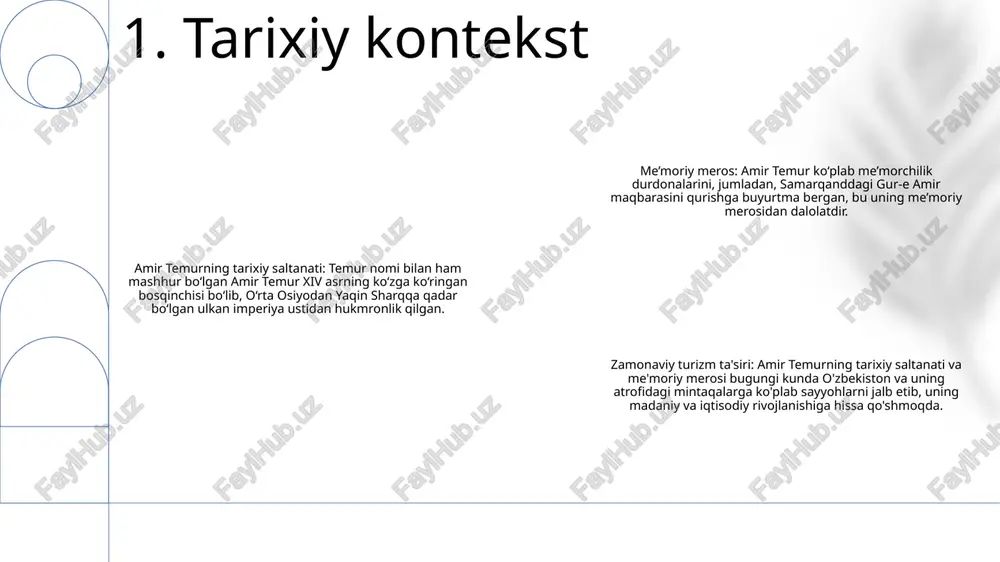 lgan amir temur davrida turizmi temuriylar davri me'moriy yorqinligini o'zida mujassam etgan binolar to'plamini namoyish etadi tarixiy ahamiyati: temuriylar sivilizatsiyasini ochish ushbu me'moriy mo''jizalar orqali temuriylar imperiyasining ajoyib tarixini o'rganing. har bir qadamda, ushbu ajoyib diqqatga sazovor joylar atrofidagi hikoyalar va afsonalarni oching madaniy gobelen: o‘tmish va hozirgi zamonni o‘zida mujassam etgan bu me’moriy mo‘jizalar o‘tmish va bugun o‘rtasida jonli ko‘prik bo‘lib xizmat qiladi, zamonaviy tashrif buyuruvchilarni temuriylar davri madaniy gobelenlari bilan bog‘laydi 4. arxitektura mo''jizalari turar joy: amir temur davrida turizm sayyohlar uchun mehmonxonalar, mehmon uylari va kempinglar kabi keng turdagi turar joylarni taklif etadi. bu turar joylar har xil byudjet va imtiyozlarga javob beradi va barcha tashrif buyuruvchilar uchun qulay yashashni ta'minlaydi. transport: mintaqada qulay sayohat qilish uchun amir temur davrida turizm kompleks transport xizmatlarini taqdim etadi. sayyohlar ishonchli jamoat transportidan, jumladan avtobus va poezdlardan, shuningdek, taksilar va ekskursiyalar kabi shaxsiy transport vositalaridan foydalanishlari mumkin oziq-ovqat va ichimliklar: …