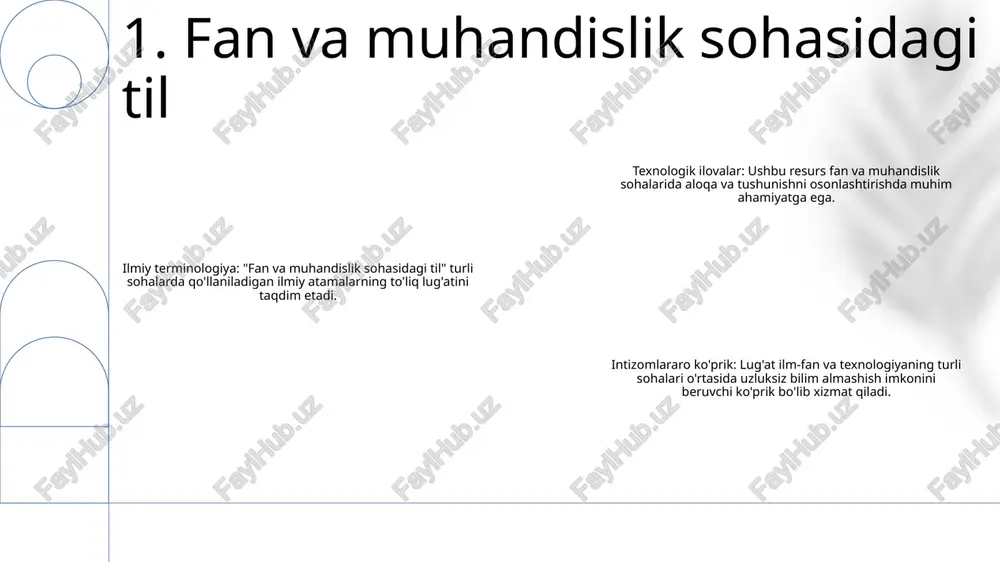 a terminologiyani tushunishni kuchaytiradi. tilning turli soha va fanlarda ishlatilishi:- turli o'quv fanlari va texnik sohalar uchun maxsus lug'at bilan ta'minlaydi.- mutaxassislar o'rtasida samarali va to'g'ri muloqot qilishga yordam beradi. terminologik lugatlar:- muayyan sohalar doirasida maxsus atamalarni tuzing va aniqlang.- texnik jargonni tushunish va undan samarali foydalanish uchun zarur. 4. biznes va iqtisod bo'yicha til e'tiboringiz uchun rahmat @taqdimot_robot image1.png /docprops/thumbnail.jpeg
