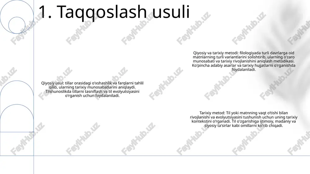 a va hatto shimoliy amerikada so'zlashuvchi tillarni o'z ichiga oladi 3. qiyosiy va tarixiy usullar o'tmishni qayta qurish: qiyosiy va tarixiy usullar madaniyatlar va tarixiy davrlar o'rtasidagi o'xshashlik va farqlarni tahlil qilish orqali o'tmishdagi voqea va jarayonlarni qayta qurish imkonini beradi. madaniy xilma-xillikni tushunish: turli madaniyatlarni taqqoslash orqali biz insoniyat tajribasining xilma-xilligi va madaniy o'zgaruvchanlikni shakllantiruvchi omillar haqida tushunchaga ega bo'lishimiz mumkin. ijtimoiy o'zgarishlarga oid tushunchalar: qiyosiy va tarixiy usullar ijtimoiy o'zgarishlar mexanizmlari haqida qimmatli tushunchalarni beradi, bu bizga ijtimoiy o'zgarishlarning qonuniyatlari va qonuniyatlarini aniqlash imkonini beradi. 4. qiyosiy va tarixiy usullarni qo'llash e'tiboringiz uchun rahmat @taqdimot_robot image1.png /docprops/thumbnail.jpeg