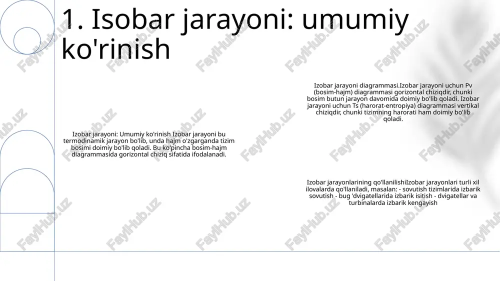 ning grafik tasviridir. ular ushbu xususiyatlar o'rtasidagi munosabatlarni tasavvur qilish va tizimning xatti-harakatlarini tushunish uchun foydalidir. 3. pv diagrammasida grafik tasvirlash pv diagrammasida izbarik jarayon - hajmi o'zgarib turadigan doimiy bosim jarayonini ifodalaydi.- chiziq gorizontal (hajm o'qiga parallel).- egri chiziq ostidagi maydon tizimda bajarilgan ishni ifodalaydi. izobarik jarayon: pv diagrammasi - jarayon davomida bosim doimiy bo'lib qoladi.- hajm va harorat teskari o'zgaradi.- izobarlar doimiy haroratli chiziqlarni ifodalaydi. izobarik jarayon: ts diagrammasi - harorat butun jarayon davomida doimiy.- bosim pasayganda hajm ortadi.- izotermlar doimiy hajmli chiziqlarni ifodalaydi. 4. pv diagrammasida izobar jarayonining asosiy xususiyatlari 1. ts diagrammasida grafik tasvir: ts diagrammasi haroratning (t) entropiya (s) bilan o'zgarishini ifodalaydi. bu termodinamik jarayonlarni tasavvur qilishda yordam beradi va odatda sovutish va elektr stantsiyalarida qo'llaniladi. 2. izobar jarayon: izobar jarayon doimiy bosimda sodir bo'ladi. ts diagrammasida u vertikal chiziq bilan ifodalanadi, chunki harorat entropiya bilan o'zgaradi, lekin bosim doimiy bo'lib qoladi. 3. jarayonning pv …