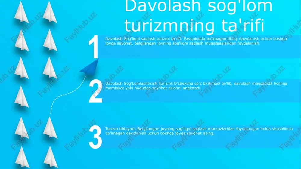 agan ixtisoslashtirilgan davolanish va muassasalardan foydalanish imkonini beradi va umumiy sog'liqni saqlash natijalarini yaxshilaydi. iqtisodiy manfaatlar: davolash sog'lomlashtirish turizmi mamlakatlar uchun katta daromad keltiradi, ish o'rinlari yaratadi va mahalliy iqtisodiyotni oshiradi. bilimlar almashinuvi: davolash-sog'lomlashtirish turizmi tibbiyot mutaxassislari o'rtasidagi hamkorlikni rivojlantiradi, bu esa sog'liqni saqlash amaliyotlari va texnologiyalaridagi yutuqlarga olib keladi. belgilangan manzilni tanlash mezonlari foydalanish imkoniyati: manzilga turli transport turlari, masalan, reyslar, poyezdlar yoki avtobuslar orqali osongina kirish mumkin bo'lishi va yaxshi rivojlangan infratuzilma bo'lishi kerak. turar joy: belgilangan joy turli byudjetlar va imtiyozlarga mos keladigan turar joy variantlarini taklif qilishi kerak, jumladan mehmonxonalar, mehmonxonalar va yotoqxonalar yoki lagerlar kabi muqobil turar joylar. diqqatga sazovor joylar: belgilangan joy boy madaniy, tarixiy yoki tabiiy merosga ega bo'lishi kerak, bu sayyohlarning qiziqishlarini uyg'otadigan, ularning kashfiyot, sarguzasht yoki dam olish istagini qondiradigan noyob diqqatga sazovor joylar va tajribalarga ega bo'lishi kerak. davolash turlari sog'lomlashtirish turizmi start tibbiy turizm: chet elga arzonroq narxlarda davolanish …