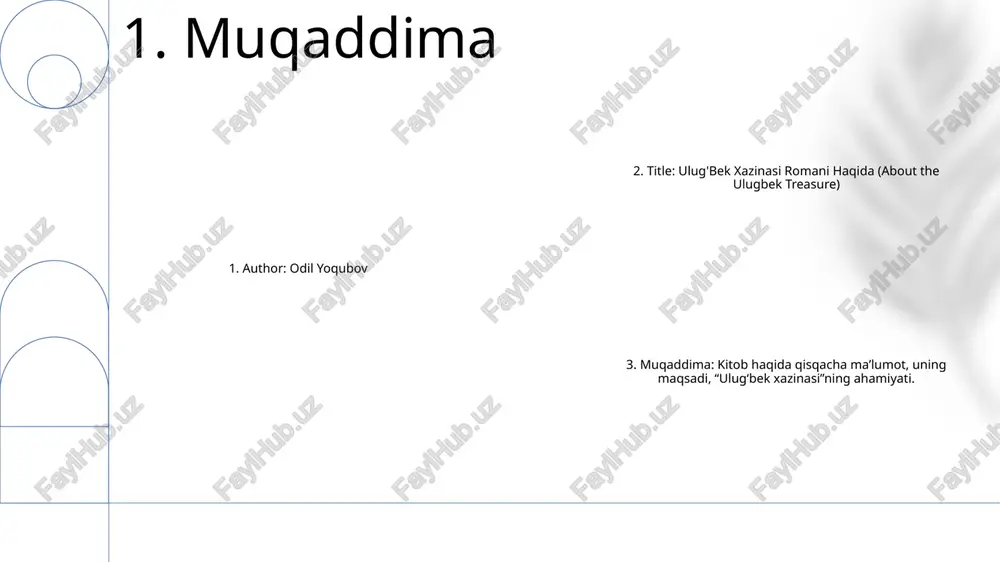 ematikaga ishtiyoqi bilan mashhur bo'lgan 15-asrda yashagan mashhur temuriylar hukmdori ulug'bekning yo'qolgan xazinasidir. 4. syujet xulosasi ulug‘bek: ilmga, astronomiyaga ishtiyoqi baland qadimiy hukmdor. odil yoqubov: ulug‘bek xazinasi sirlarini ochuvchi zamonaviy tarixchi va arxeolog. usto amir: odilga safarda hamrohlik qiladigan mohir usta va chilangar. 5. bosh qahramonlar 1. sevgi va qurbonlik: roman sevgining kuchini va inson o'zlari uchun g'amxo'rlik qilayotganlar uchun qanday qurbonliklarni berishga tayyorligini o'rganadi 2. jasorat va qat'iyat: roman qahramonlari qiyinchiliklarga qarshi ulkan jasorat va qat'iyatni namoyish etadilar. ko'p qiyinchiliklarga qaramay, ular hech qachon taslim bo'lmaydilar va qiyinchiliklarni engish uchun mardonavor kurashadilar 3. sadoqat va xiyonat: romanda sadoqat va xiyonat mavzulari ko‘rib chiqilib, ishonchning ahamiyati va xiyonat oqibatlari yoritilgan. qahramonlar xiyonatkor ittifoqlarni yo'lga qo'yishlari va qiyin qarorlar qabul qilishlari kerak, oxir oqibat ular kerak bo'lganda kimga ishonishlari mumkinligi haqida savol berishlari kerak. 6. mavzular va motivlar simvolizm: ushbu roman chuqurroq ma'nolarni etkazish uchun ob'ektlar va hodisalardan foydalangan holda keng …