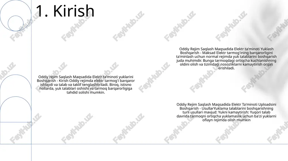shtirish, muvofiqlashtirish va aloqa talab etiladi. 3. yukni yo'qotish tamoyillari chastotani nazorat qilish usullari: tor chastota diapazonida tarmoq barqarorligini ta'minlash uchun energiya talabi va ishlab chiqarishni tartibga solish. oddiy ishlash uchun yukni boshqarish: talabni eng yuqori soatlardan tashqarida o'zgartirish yoki eng yuqori yuklarni kamaytirish uchun aqlli tarmoq texnologiyalaridan foydalanish orqali elektr energiyasini iste'mol qilishni optimallashtirish. talabga javob berish dasturlarini qo'llash: iste'molchilarni yuqori talab davrida elektr energiyasidan foydalanishni sozlashni rag'batlantirish, umumiy talabni kamaytirish uchun moliyaviy mukofotlar yoki boshqa rag'batlarni taklif qilish. 4. chastotani nazorat qilish usullari voltajni sozlash: tizim barqarorligini ta'minlash va uskunaning shikastlanishini oldini olish uchun tarmoq ichidagi kuchlanish darajasini tartibga solish. reaktiv quvvat oqimini boshqarish: kuchlanish rejimlarini optimallashtirish va uzatish yo'qotishlarini kamaytirish uchun reaktiv quvvat oqimini boshqarish. yuklarni boshqarish: elektr energiyasiga bo'lgan talabni etkazib berish bilan muvozanatlash strategiyalarini amalga oshirish, masalan, eng yuqori yuklanish vaqtlarini sozlash yoki energiya samaradorligini rag'batlantirish. 5. kuchlanishni nazorat qilish choralari reaktiv quvvatni boshqarish (rpm) …