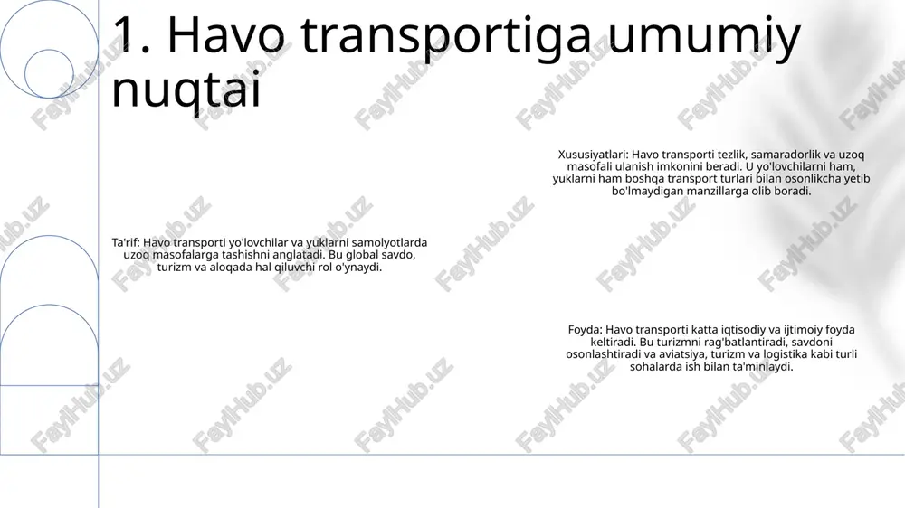 xususiyatlari aeroportlar va infratuzilma - o'zbekiston milliy aeroportlarini boshqaradi va boshqaradi, xavfsiz va samarali havo tashishlarini ta'minlaydi. havo transporti – havo kemalarini oʻzbekiston havo hududida xavfsiz boshqarish uchun aeronavigatsiya xizmatlarini taqdim etadi, bu esa uzluksiz va oʻz vaqtida parvozlarni taʼminlaydi. xalqaro hamkorlik - xalqaro fuqaro aviatsiyasi tashkiloti (icao) va boshqa xalqaro aviatsiya organlari bilan global standartlar va ilg'or tajribalarni joriy etish uchun hamkorlik qiladi. 4. aeroportlar va infratuzilma havo transporti: havo harakatini boshqarish va navigatsiya milliy havo hududida xavfsizlik va samaradorlikni ta'minlash uchun havo kemalarining harakatini muvofiqlashtiradi. radar kuzatuvi, navigatsiya tizimlari va aloqa kanallarini o'z ichiga olgan uchuvchilarga navigatsiya vositalari va yo'l-yo'riqlarini taqdim etadi. 5. havo harakatini boshqarish va navigatsiya ish bilan ta'minlash: havo transporti sanoati to'g'ridan-to'g'ri aviakompaniyalar, aeroportlar, yuk tashish va tegishli tarmoqlarda ish o'rinlarini yaratadi. shuningdek, turizm, ishlab chiqarish va logistika sohalarida bandlikni bilvosita qo‘llab-quvvatlaydi. mintaqaviy rivojlanish: havo aloqalari chekka hududlarga kirishni yaxshilaydi, turizm va savdoni rivojlantiradi. bu …