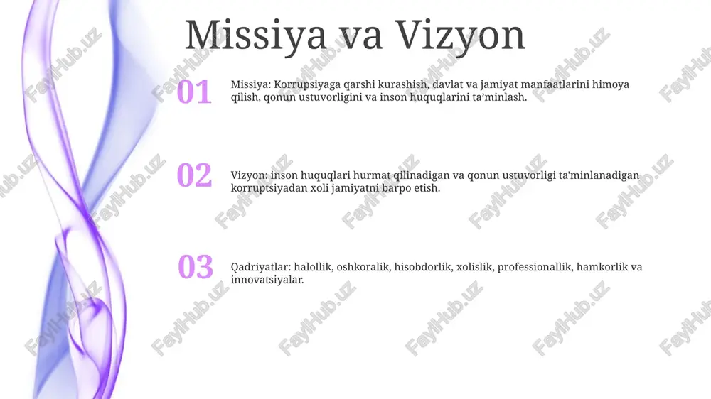 hi: agentlik markaziy apparati va hududiy bo'limlari bilan tuzilgan. markaziy apparat toshkent shahrida joylashgan bo‘lib, hududiy boshqarmalar faoliyatini muvofiqlashtiradi. hududiy boshqarmalar o‘z hududlarida agentlik dasturlari va siyosatini amalga oshirish uchun javobgardirlar. boshqaruv: agentlik direktorlar kengashi tomonidan boshqariladi. kengash agentlikning strategik yo'nalishini belgilash va uning faoliyatini nazorat qilish uchun javobgardir. kengash hukumat, fuqarolik jamiyati va xususiy sektor vakillaridan iborat. maqsadlar: agentlikning asosiy maqsadi o‘zbekistonda korrupsiyaning oldini olish va unga qarshi kurashishdan iborat. agentlik faoliyati korruptsiya holatlarini tekshirish, korrupsiyaga qarshi kurash siyosatini ishlab chiqish, aholining korrupsiya xavfi haqida xabardorligini oshirishdan iborat. tergov va prokuratura prokuratura organi: aqk murakkab moliyaviy jinoyatlarni tergov qilishda o'z tajribasidan foydalangan holda korruptsiya ishlarini to'g'ridan-to'g'ri ta'qib qilish huquqiga ega. bu vakolat jinoiy javobgarlikka tortish jarayonini soddalashtiradi va javobgarlikni ta'minlaydi. tergov vakolatlari: korrupsiyaga qarshi qurashish agentligi (aqk) keng qamrovli tergov vakolatlariga ega, jumladan: - tintuv va olib qo'yish o'tkazish - guvohlarni chaqirish va ko'rsatmalar berishga majburlash - moliyaviy hujjatlarga …