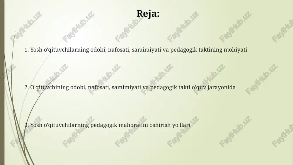atlarda namoyon bo'ladi; o'qituvchi konfliktni yumshatishi, o'quvchilarning 95% dagi salbiy his-tuyg'ularini bartaraf etishi va konstruktiv muloqotga yo'naltirishi zarur. pedagogik taktning asosi – o'quvchiga hurmat, uning shaxsini qadrlash va 80% hollarda ijobiy munosabat yaratish; bu ta'lim samaradorligini sezilarli darajada oshiradi. o'quvchilar bilan munosabatda odob odobli o'qituvchi har bir o'quvchiga individual yondashadi, ularning 5-6-sinf kabi yosh psixologiyasini inobatga olib, dars jarayonida motivatsiya berishga intiladi. o'quvchilar bilan munosabatda hurmat, 3-4-sinf o'quvchilari bilan muomala qilishda yosh xususiyatlarini hisobga olish, sabrli bo'lish va ularning savollariga to'g'ri javob berish lozim. o'quvchilarga nisbatan xushmuomalalik, 7-8-9-sinf o'quvchilarning fikrlarini hurmat qilish, bahslarda ularga o'z nuqtai nazarini himoya qilishga imkon berish va ularni qo'llab-quvvatlash kerak. sinfda nafosatni shakllantirish pedagog 4 ta muhim fazilatga ega bo'lishi kerak: vizual did, nutq madaniyati, xulq-atvor nafosati va 2 ta asosiy didaktik usulni bilish (misol uchun, interaktiv va muammoli o'qitish). sinfda nafosatni shakllantirish o'quvchilarga 5 ta asosiy estetik qadriyatlarni (go'zallik, uyg'unlik, tartib, simmetriya, mutanosiblik) singdirish …