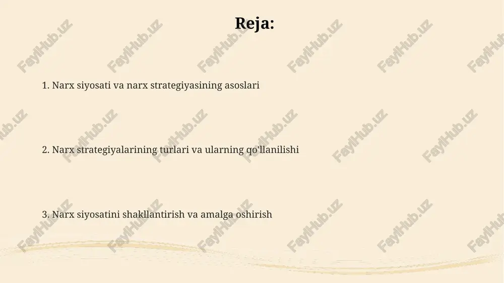 arxlar orqali tezda ulush olishga qaratilgan, keyinchalik narxni bosqichma-bosqich oshirish imkoniyati mavjud. narx belgilash usullari va yondashuvlari narx belgilashning “qaymoq olish” usuli, yangi mahsulot yuqori narxda sotilganda, bozor segmentlarini qamrab oladi va vaqt o'tishi bilan narx pasayadi, masalan 20% gacha. raqobatga asoslangan narxlash, bozorda mavjud o'xshash mahsulotlarning narxlarini kuzatib boradi va undan kelib chiqib, o'z mahsulotining narxini belgilaydi, odatda 5-10% farq bilan. xarajatlar asosida narx belgilash, mahsulot ishlab chiqarish va sotish xarajatlarini hisobga oladi, unga foyda marjasi qo'shiladi (masalan, 15%), natijada sotuv narxi aniqlanadi. narx siyosatini shakllantirish va amalga oshirish narx strategiyasida qiymatga asoslangan yondashuv muhim, bunda iste'molchining mahsulotga bo'lgan qiymati 80% darajada baholanadi, xarajatlar esa 20% bo'lishi kerak, shuningdek, marketing xarajatlari hisobga olinadi. narx siyosati 3 bosqichdan iborat: maqsadlarni belgilash, talab va xarajatlarni tahlil qilish (20% o'zgarishga e'tibor), narx usulini tanlash va narxni o'rnatish (masalan, raqobat narxidan 5% past). raqobatbardosh narxlash strategiyasida, bozor ulushini 15% oshirish uchun asosiy raqobatchi …