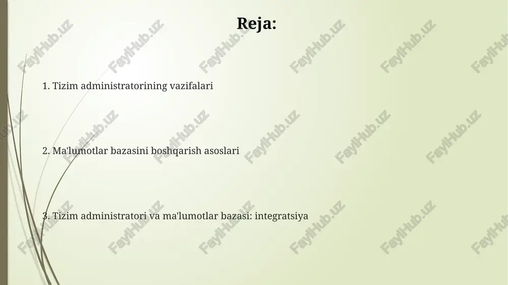 ish va ma'lumotlarning yaxlitligini ta'minlash uchun ma'lumotlar bazasi sxemasini tashkil etishning **5** asosiy shaklini o'z ichiga oladi, bu esa **ma'lumotlar to'g'riligini** kafolatlaydi. ma'lumotlar bazasi tizimlarini o'rnatish va sozlash ma'lumotlar bazasi tizimlarini o'rnatishda serverning operatsion tizimiga mos keladigan 12.0 yoki undan yuqori versiyadagi dasturiy ta'minotni tanlash muhim. sozlash jarayonida 'root' foydalanuvchi hisobiga kuchli parol o'rnatish va 'tcp/ip' protokoli orqali 3306 portini to'g'ri sozlash xavfsizlikni ta'minlaydi. ma'lumotlar bazasi tizimining konfiguratsiya fayllarida (masalan, 'my.cnf') 'buffer pool size' ni 25% dan 75% gacha bo'lgan xotira hajmiga moslash samaradorlikni oshiradi. ma'lumotlar bazasini zaxiralash va tiklash differensial zaxira faqat oxirgi to'liq zaxiradan beri o'zgartirilgan ma'lumotlarni zaxiralaydi, tiklashda esa to'liq va oxirgi differensial zaxirani talab qiladi. ma'lumotlar bazasini zaxiralashning 3-2-1 qoidasi bor: ma'lumotlarning 3 nusxasini saqlang, 2 xil muhitda va 1 tasi ofsaydda, masalan, bulutda. rpo (recovery point objective) va rto (recovery time objective) - zaxiralash strategiyasining muhim elementlari, rpo ma'lumot yo'qotilishining maksimal bardoshli hajmini belgilaydi. xavfsizlikni …
