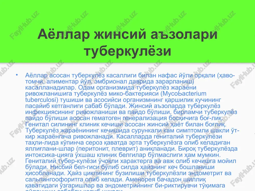 birga), fazasi bo'yicha (infiltratsiya, so'rilish, ohaklanish, chandiqlanish), batsil-la tarqatuvchi (bk+ va bk- hayz qoni ekmasida, hayzlararo davrda jinsiy yuldan ajralgan ajralmalar). b. bachadon ortiqlarining orttirilgan sili (vv guruhi, dispanser nazoratida bo'ladi), periooforit va ooforit shaklida (23rasm). chandiqli-bitishma turi (chandiq va ichki genitaliy va a'zolararo yassi suyakli bitishmalar). bachadon sili. a. faol belgisi bo'yicha sil 1. o'choqli endometrit 2. endometriyning tarkoq jarohatlanishi 3. metroendometrit jarayonning kechish xarakteri bo'yicha: o'tkir, o'rtacha o'tkir, surunkali bo'lishi mumkin. tarqalishi bo'yicha (bachadonning chegaralangan sili va tuberkulyozning ortiqlar, vulva, bo'yin, qinga tarqalishi). batsilla tashuvchilik: endo-metriydan surtma va hayzlar orasidagi davrda ajralgan ajralmalarni ekish natijasida - bk (-), bk (+). bachadon ortiqlari sili bachadon ortiqlari silida bachadon nayi makroskopik tekshirilganda qalinlashgan, yallig'lanish belgilari, tuxumdon bilan birikish. bitish-malar ba'zan yaqqol ko'rinadi. bachadon nayi seroz qavatida kazeoz o'choqlar ko'rinadi. nay paypaslanganda zichlashganligi aniqlanadi. mikrosko-pik tekshiruvda spetsifik o'zgarishlar mayda, chegaralangan o'choqlar bo'lib aniqlanadi (produktiv, kazeoz xarakterli kaltsinatsiyalangan sohalar). bu o'zgarishlar nospetsifik …