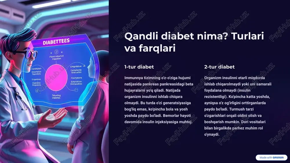 nsli parhez kompleks uglevodlar asosida yemaklar protein va yog'larning to'g'ri nisbati tez absorbing qandli mahsulotlardan saqlash jismoniy faollik haftada 150 daqiqa aerobic mashq kuch mashqlari 2-3 marta haftada har kuni yo'lda yurish yoki yengil harakat omon holati boshqarish stressni qisqartirish texnikalarini o'zlashtirish yetarli va sifatli uyqu ruhiy sog'ligni qo'llab-quvvatlash 4 2-tur diabetni davolash: dori vositalari va ularning ishlash mexanizmi 2-tur diabetni boshqarish uchun turli xil dori klassikalar ishlatiladi. bular insulinni ishlab chiqarishni oshiradi, insulin rezistentligini kamaytiradi yoki qondagi glukozasini to'g'ri miqdarida saqlaydi. asosiy dorilar metformin, sulfanilurea, sglt2 inhibitorlari va glp-1 agonistlarini o'z ichiga oladi. metformin birinchi lozim dori. jetimlik oziq yo'tagi oziqni kamaytiriladi insulinni oshiruvchi dorilar pankreasdagi beta hujayralarning faolligini oshiradi glp-1 agonistlari yangi davolash shakli, vazn yo'q qilishga yordam beradi 5 2-tur diabetni davolash: jig'at-turmush tarzi va jismoniy faollikning o'rni 2-tur diabetni boshqarish uchun turmush tarzi o'zgarishlari shunga qadar muhim va qo'llaniladiki, ba'zi hollarda dorilariga ehtiyoj bo'lmay qoladi. vazn …
