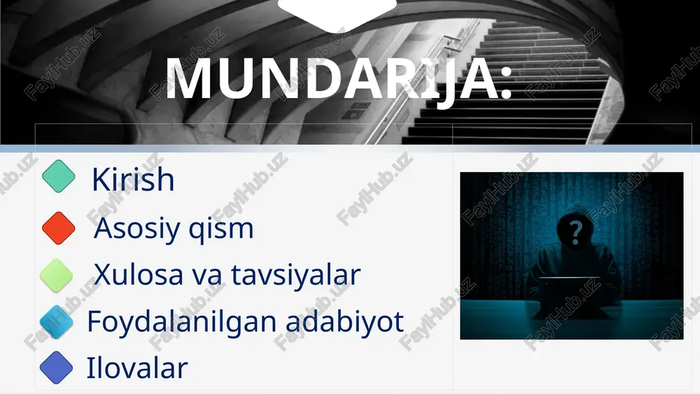 odlar yordamida o‘quvchilarning mavzuga qiziqishini oshirish o‘quvchilarda axborot madaniyatini shakllantirish darsda videodarsliklar, testlar, interaktiv topshiriqlardan foydalanish o‘quvchilarning mustaqil fikrlash va ehtiyotkorlik ko‘nikmalarini rivojlantirish asosiy qism 1. mavzuni o’qitishda hamkorlikdagi ta’lim texnologyalaridan foydalanish 2. 8-sinflarda “tarmoq xavfsizligi” mavzusi bo‘yicha texnologik xarita va dars ishlanmasi 3. “tarmoq xavfsizligi” mavzusi bo‘yicha o‘quvchilarni baholash mezonlari va zamonaviy yondashuvlar 1. mavzuni o'qitishda interfaol usullardan foydalanish metodikasi interfaol usullar mazmuni va turlari “blits-so’rov” metodi: “aqliy hujum” metodi: “klaster usuli” metodi: “guruhli ishlash” metodi: ”aqliy hujum” metodi “aqliy hujum” - bu guruh ichida gʻoyalarni erkin, tez va tanqidsiz ishlab chiqishga qaratilgan interfaol metod. oʻqitishda u yangi tushunchalarni kashf etish, muammolarni tahlil qilish va kreativ yechimlar topish uchun juda mos, bu o’quvchilarni mavzu bo‘yicha faol fikrlashga undaydi. ”klaster usuli” metodi “klaster usuli” - bu o‘quvchilarning biror mavzu bo‘yicha bilim va tushunchalarini guruhlab, tizimlashtirishga xizmat qiladigan interfaol metod. inglizchadan “cluster” - guruh, to‘plam, bog‘lam degan ma’noni anglatadi. ”blits-so’rov” metodi …