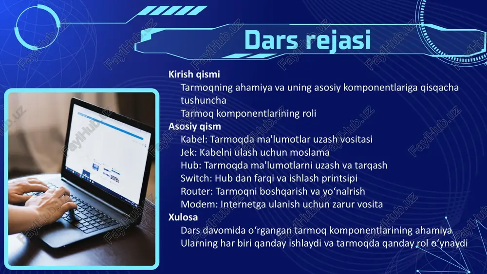 qilish, solishtirish va tizimlashtirish qobiliyatini rivojlantirish. 2, texnik tafakkurni kengaytirish. rivojlantiruvchi maqsad: “kompyuter tarmoqlari nima uchun kerak deb o‘ylaysiz?” kirish qismi o‘qituvchi o‘quvchilarga savol beradi: 👉 “kompyuterlar bir-biri bilan qanday aloqa qiladi deb o‘ylaysiz?” “bugungi darsimizda tarmoqni tashkil etuvchi asosiy qurilmalar bilan tanishamiz.” 4 o‘quvchilarning javoblari asosida “aqliy hujum” metodi yordamida “tarmoq” tushunchasi aniqlanadi. so‘ngra mavzu e’lon qilinadi: 3 2 1 “aqliy hujum” metodi asosiy qism switch tarmoq komponentlari — bu kompyuterlar va boshqa qurilmalar o‘rtasida aloqa o‘rnatish uchun zarur bo‘lgan texnik vositalardir. tarmoqlarning to‘g‘ri ishlashi aynan ushbu komponentlarning sifatiga bog‘liq. 1 2 3 4 kabel (network cable) jek (rj-45 konnektor) hub router modem 5 6 tarmoq komponentlari va ularning ahamiyati kabel va jeklar ma’lumotlarni jismoniy uzatish vositasi hub, switch tarmoq ichidagi trafikni taqsimlash va birlashtirish router turli tarmoqlar orasida marshrutlash modem raqamli va analog signalni aylantirish har bir komponentning roli tarmoqning butun faoliyatida muhim: ular ma’lumotlarni to‘g‘ri yo‘naltirish, signal …