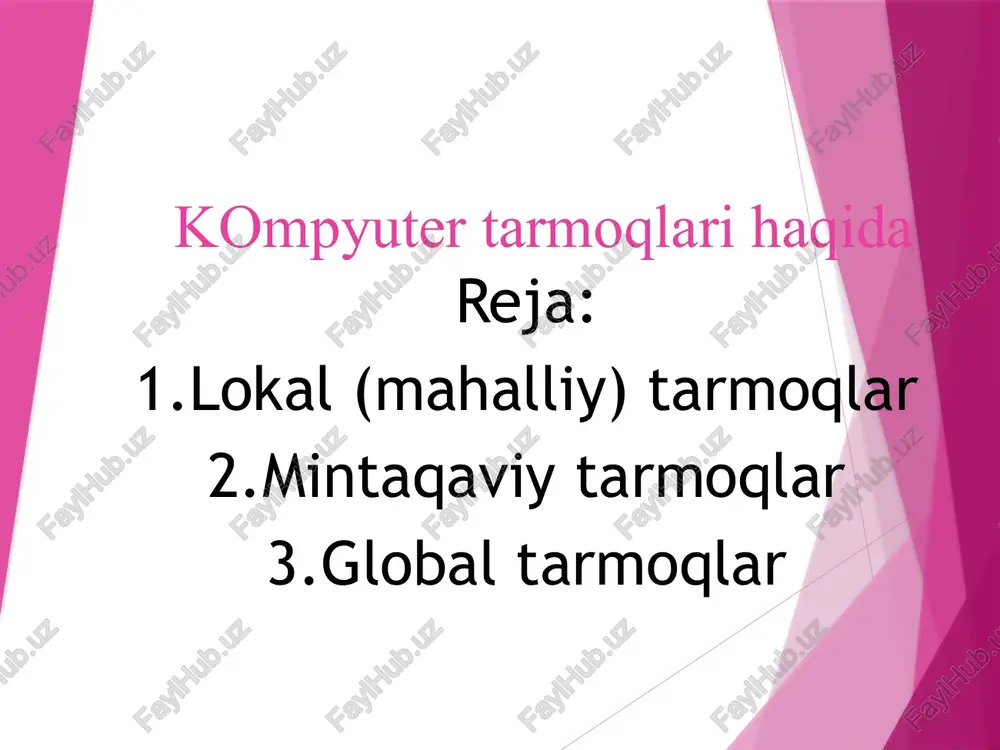 iborat. bu izolyasiya bilan o‘ralgan bo‘lib, u 2-qatlamni tashkil qiladi. 3 qatlam izolyatsiyasi yupqa metall ekran bilan qoplangan bo‘ladi. 4-qatlami esa uning oxirgi izolyatsiyasi hisoblanadi. metall ekran egiluvchan o‘qi ichki metall sim egiluvchan o‘qi bilan ketma-ket tushadi. shuning ychun ham koaksial sim deyiladi. keyingi paytda koaksial simlarning o‘rniga optik tola (vitaya para) ishlatilib kelmoqda. uning asosiy afzalligi, katta kenglikda ishchi chastotalariga egaligi, katta hajmdagi ma’lumotlar oqimini yuqori tezlikda uzatish mumkinligidir. bu esa yuqori tezlik bilan ishlaydigan mahalliy tarmoqlarni yaratish imkonini beradi. optik tolali (vitaya para) simlar deyilishiga asosiy sabab, yorug‘lik quvvatidan tolalar orqali boshqa energiya turiga aylantirilishidir. optik tolali simlar magistral (tez ishlaydigan) kanallarda ma’lumotlarni yuqori ishonch bilan o‘zatilishini ta’minlash uchun ishlatiladi. mintaqaviy tarmoqlar. uncha katta bo‘lmagan davlatlar, undagi shaharlar yoki viloyatlardagi foydalanuvchilarni birlashtiradi. aloqa kanali sifatida telefon tarmoqlaridan foydalaniladi. tarmoqqa ulangan ob’ektlar orasidagi masofa 10 km dan 1000 km gacha bo‘lishi mumkin. 1965 yil nelson gipermatn so‘zini qo‘lladi. van …