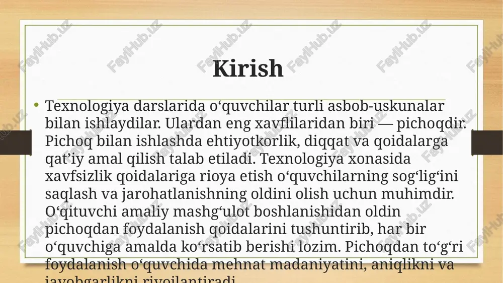 abar berish kerak. ish paytida tig‘ni stol ustiga ochiq holda qoldirmaslik kerak. pichoqni boshqa o‘quvchiga uzatishda tutqich tomoni bilan beriladi. material kesilayotganda barmoqlar tig‘dan uzoqda bo‘lishi zarur. ish tugagach, pichoq tozalanib, maxsus qutiga yoki sumkaga joylanadi. shu tarzda xavfsizlik choralari bajarilsa, jarohatlar oldi olinadi. pichoqni saqlash pichoqning ishlash sifati va xavfsizligi uning parvarishiga bog‘liq. pichoqni ishlatgandan so‘ng quruq mato bilan artiladi, agar kerak bo‘lsa, tig‘iga ozgina yog‘ surtiladi. pichoqni suvda yuvish yoki nam joyda saqlash tavsiya etilmaydi, chunki u zanglaydi. har bir o‘quvchi faqat o‘z pichog‘idan foydalanishi kerak. pichoqlarni alohida joyda, tig‘i yopilgan holda saqlash kerak. o‘qituvchi darsdan so‘ng barcha asboblarni tekshirib, tartibli joylashtirishni nazorat qiladi. xulosa texnologiya darslarida pichoqdan foydalanish qoidalariga amal qilish o‘quvchilarning xavfsizligi va mehnat madaniyatini ta’minlaydi. pichoq bilan to‘g‘ri ishlash o‘quvchini mas’uliyatli, diqqatli va ehtiyotkor bo‘lishga o‘rgatadi. bu qoidalar nafaqat texnologiya xonasida, balki kundalik hayotda ham foydalidir. shuning uchun har bir o‘quvchi pichoqdan foydalanish madaniyatini chuqur …