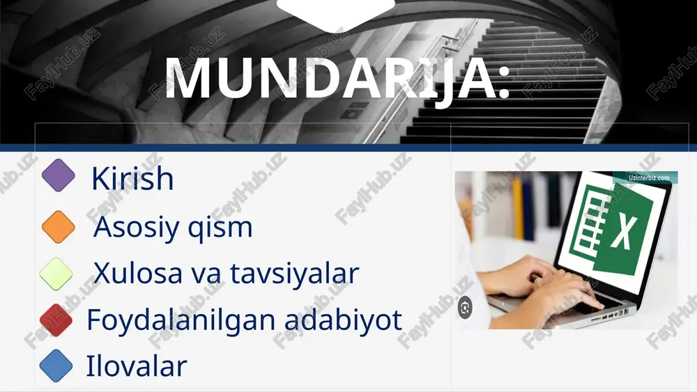 rqali natijani tez va oson olish. asosiy qism 1. mavzuni o'qitishda interfaol usullardan foydalanish metodikasi interfaol usullar mazmuni va turlari 2. mavzu bo'yicha o'quvchilar bilimi baholash va mustaxkamlashda raqamli vositalardan foydalanish. 3. “microsoft excel dasturida funktsiyalardan foydalanish” mavzusi yuzasidan mikrodars ishlanma 1. mavzuni o'qitishda interfaol usullardan foydalanish metodikasi interfaol usullar mazmuni va turlari “blits-so’rov” metodi: “aqliy hujum” metodi: “klaster usuli” metodi: “guruhli ishlash” metodi: ”aqliy hujum” metodi “aqliy hujum” - bu guruh ichida gʻoyalarni erkin, tez va tanqidsiz ishlab chiqishga qaratilgan interfaol metod. oʻqitishda u yangi tushunchalarni kashf etish, muammolarni tahlil qilish va kreativ yechimlar topish uchun juda mos, bu o’quvchilarni mavzu bo‘yicha faol fikrlashga undaydi. ”klaster usuli” metodi “klaster usuli” - bu o‘quvchilarning biror mavzu bo‘yicha bilim va tushunchalarini guruhlab, tizimlashtirishga xizmat qiladigan interfaol metod. inglizchadan “cluster” - guruh, to‘plam, bog‘lam degan ma’noni anglatadi. ”blits-so’rov” metodi “blits-so’rov” - bu o‘quvchilarga tezkor, qisqa va ketma-ket savollar berib, ularning mavzuni qay …
