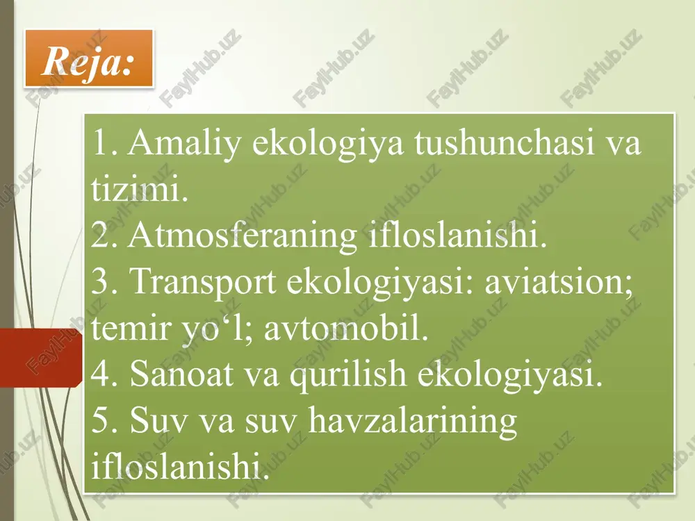 an bo’ladi. bu holat yuzaki yaxshi bo’lgan kabi tuyulsa-da, aslida davodan umuman naf bo’lmasligi mumkin, chunki aholi salomatligiga ta’sir qiluvchi sabab aniqlanmasdan qolaveradi. hozirgi vaqtda zararli omillarni kasallik kelib chiqishiga va o’limga to’g’ridan-to’g’ri sababchi degan to’liq ma’lumotlar yo’q, lekin bemorlar kasallik tarixini diqqat bilan o’rganib chiqilsa bu omillarning 10 % idan ortig’i bemorlarni trapevtik statsionarga yotishiga sbabchi bo’lishini aniqlash mumkin. nafas olish va tayanch-harakat organlari zararlanishi miqdori esa bu ko’rsatkichdan ham ko’p. aqshda har yili yangi kasb kasalliklari bilan 125 mingdan 350 minggacha bemorlar ro’yhatga olinadi. atmosferaning ifloslanishi -atmosfera tarkibi va xossalarining inson salomatligi, hayvonlar, o‘simliklar va ekosistemalarga salbiy ta'sir ko‘rsatadigan o‘zgarishi. atmosfera tabiiy va sun'iy yo‘llar bilan ifloslanadi. vulqonlar otilishi, chang to‘zonlar, o‘rmon, dashtlardagi yong‘inlar, o‘simlik changlari, mikroorganizmlar, kosmik chang va boshqalar tabiiy ifloslanish manbalaridir. sun'iy ifloslanish manbalariga energetika, sanoat korxonalari, transport, maishiy chiqindilar kiradi. hozirgi vaqtda atmosfera ifloslanishining 75% i tabiiy manbalarga va 25%i antropogen manbalarga to‘g‘ri keladi …