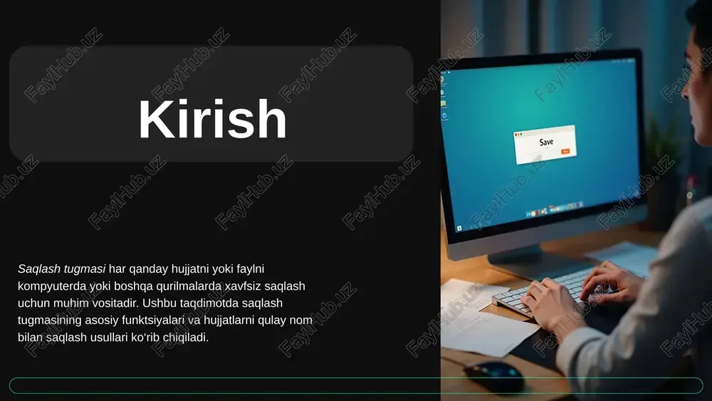 . oddiy va tushunarli nomlar ishlarni tejamkor va izchil qiladi. nomda maxsus belgilarni ishlatmaslik, uzun so‘zlardan qochish lozim. fayl nomida saqlash tartib-qoidalari fayl nomida bo‘shliq o‘rnida pastki chiziq yoki tire ishlatish yaxshiroqdir. nomda faqat lotin harflari va raqamlar ishlatilishi tavsiya etiladi. har bir nom unikal bo‘lishi va tushunarsiz qisqartmalardan qochilishi kerak. hujjatni turli formatlarda saqlash imkoniyatlari hujjatlarni .docx, .pdf, .txt kabi turli formatlarda saqlash mumkin. har bir format o‘ziga xos afzalliklarni taqdim etadi. masalan, .pdf formati hujjatni o‘zgartirilmasdan tarqatishga mos keladi, .docx esa tahrirlash uchun qulaydir. xulosa saqlash tugmasi va hujjat nomlash tizimi foydalanuvchining ish unumdorligini oshiradi hamda malumotlarning xavfsizligini ta’minlaydi. qulay va izchil nomlash tartibi hujjatlarni tez va oson topishga yordam beradi. to‘g‘ri formatni tanlash esa hujjatning maqsadiga muvofiq foydalanishni kafolatlaydi. image1.jpeg image2.png image3.svg image4.jpeg image5.png image6.svg image7.jpeg image8.png image9.svg image10.jpeg image11.jpeg image12.jpeg /docprops/thumbnail.jpeg