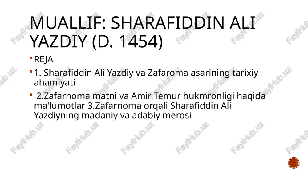 i kompozitsiyada ko‘p-figural sahnalar, dinamik harakat va diagonallar ustun. shiraz maktabi: yengil fondlar, yorqin ranglar, oltin bezaklar; behzod an’anasiga o‘tish ko‘rinadi. sahnalar: ‘bag‘dodning olinishi’, ‘oks daryosidagi jang’, ‘samarqanddagi katta masjid qurilishi’ va b. tarjimalar, tarqalish, qabul xv–xvi asrlarda chig‘atoy va usmonli turkchalariga tarjima qilinib, keng yoyildi. 1722 yilda fransuzcha (pétis de la croix), 1723 yilda inglizcha tarjimalar paydo bo‘ldi. temur obrazining yaqin sharq va janubiy osiyodagi siyosiy xotirasini shakllantirdi. timuriy ideologiya va legimitimatsiya asar hukmdorning ilohiy qudrat va adolat timsoli sifatida talqinini mustahkamlaydi. nasab va futuhotni tartibli bayon qilish — sulolaning merosiy haqlarini asoslash vositasi. shahzoda-homiyning (ibrohim sulton) homiyligi siyosiy xotiraning kuratsiyasini ko‘rsatadi. markaziy osiyo tarixshunosligidagi o‘rni temuriylar geosiyosiy strategiyasi, diplomatiyasi va harbiy taktikasi bo‘yicha asosiy manba. samarqand me’morchiligi va madaniy homiylik (masjidlar, madrasalar) tasvirlari. keyingi tarixchilar (samarqandiy, hofiz-i abru) va boburiylar davri uchun tayanch matn. zamonaviy tadqiqotlar john woods (1987): timurid tarixnavisligi ko‘tarilishi va saroy tarixining shakllanishi. i̇. e. …