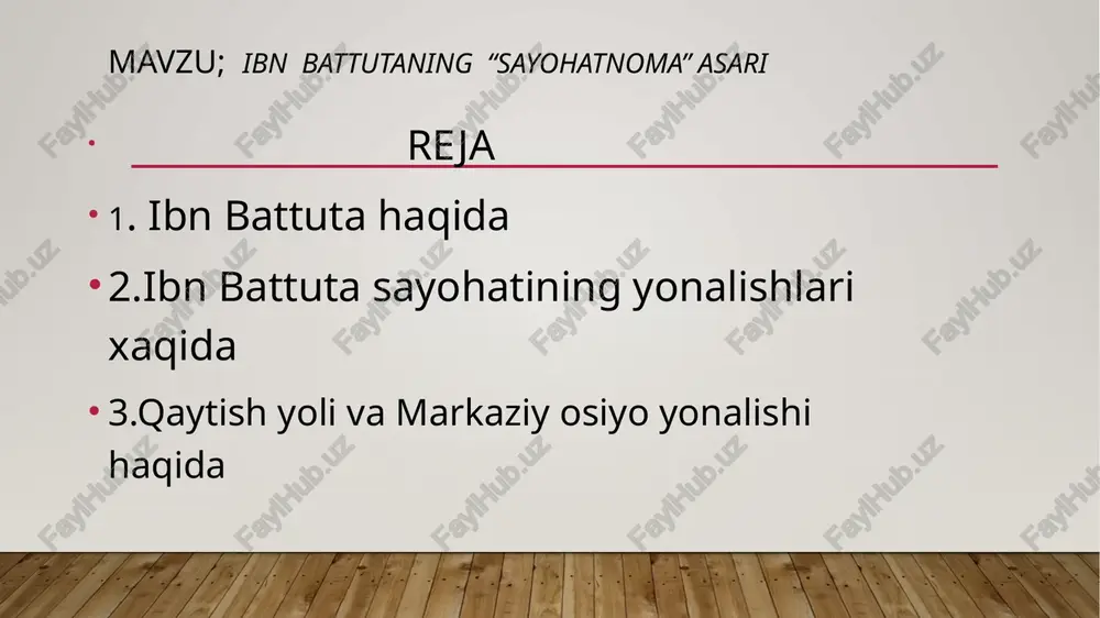 mahalliy hokimlar haqida fikrlari magrib va ispaniya 13450-1352-yillar yo’nalish: marokash tunis grenada safarning asosiy mohiyati: magrib madaniyati memorchiligi va islomiy hukmronlik ispaniyalik savdogarlar hayoti tunis musulmonlari xaqida garbiy afrika va mali imperiyasi 1352-1354-yillar yo’nalish: marokash sahroi kabir mali sayohatni asosiy mohiyati: mali imperiyasining boyligi va oltin savdosi afrikadagi musulmonlar va shariat qonunlari buxoro haqida tarif: ibn battuta buxoroni islom olamidagi eng muqaddas va mashxur shaxarlardan biri deb ataydi diniy hayot: u buxorodagi koplab masjidlar, madrasalar va ziyorotgohlar haqida yozib qoldiradi uning fikricha: buxoro avvalgi qudratini yoqotgan bolsa ham diniy va ilmiy hayotini saqlab qolgan edi deya tariflaydi mahalliy aholi haqida: aholisi mehmondost, ilm ahliga xurmatli, sayyohlarga iliq munosabatda bolishgan samarqand haqida tarif: samarqand haqida ibn battuta katta hayrat bilan yozadi. u samarqandni dunyoning eng gozal shaxri deb ataydi. memoriy yodgorliklar: samarqanddagi memorchilik ibn battutani hayron qoldiradi ayniqsa masjid va madrasalarning bezagi gumbazlari va sirlangan koshinlari, ijtimoiy hayot; savdo rivojlangan hunarmandchilik …