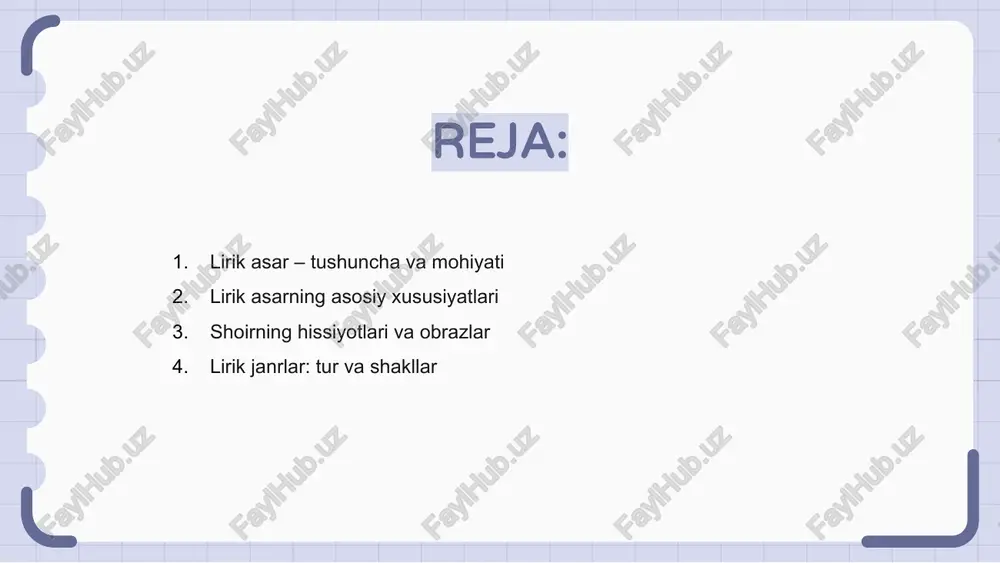 larni saqlagan holda raqamli tahlilga asoslanadi. she’riy til va uning ifoda imkoniyatlari lirik asarlar inson qalbining chuqur kechinmalarini ifoda etadi. she’riy til bu hissiyotlarni estetik shaklda yetkazishga imkon beradi va boy imkoniyatlarga ega. she’riy ifodada so‘zlar ritm, ohang va metaforalar orqali hissiyotlarni kuchaytiradi. lirik asarda har bir so‘z ma’no yuklaydi va chuqur mazmun beradi. she’riyatda obrazlar, ramzlar va uslublar orqali muallif o‘z fikrini noan’anaviy tarzda ifodalaydi. bu uslub o‘quvchini ruhiy jihatdan ta’sirlantiradi. asarning g‘oyasi va mavzusi tahlili lirik asarlar — bu shoirning ichki kechinmalari, fikr va tuyg‘ularini ifoda etuvchi badiiy matnlardir. ular o‘quvchiga bevosita ta’sir qiladi. asarning g‘oyasi muallif nima demoqchi bo‘lganini anglatadi. bu g‘oya asar orqali o‘quvchiga yetkaziladigan asosiy fikrdir. asarning mavzusi esa voqelik, holat yoki his-tuyg‘u atrofida quriladi. g‘oya va mavzu birlashib asarga mazmunli shakl beradi. 1 2 3 lirik qahramon – ichki kechinmalar lirik asarlar o‘ziga xos tuyg‘ularni ifodalovchi badiiy matnlardir. ular orqali inson qalbidagi his-tuyg‘ular chuqur …