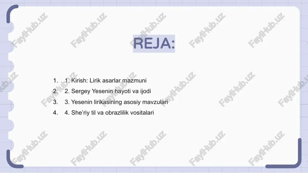g ajralmas qismidir. u musiqiylik va ritm orqali obrazlarning ta’sirini kuchaytiradi. 5. tabiat tasviri va hissiy holat uyg‘unligi sergey yesenin sheʼriyatida tabiat manzaralari inson ruhiy holati bilan uygʻunlashib boradi. uning har bir misrasi hissiy ohang bilan boyitilgan bo‘ladi. yozuvchi tabiatni jonlantiradi, u orqali ichki iztirob, quvonch va armonlarni ifoda etadi. tabiat holatlari obrazli ifodalar bilan boy tasvirlanadi. yeseninning asarlarida bahor, kuz kabi fasllar hissiy kechinmalarni yoritishda vosita sifatida xizmat qiladi. tabiatni jonli mavjudot sifatida tasvirlaydi. 6. vatan, muhabbat va yolgʻizlik motivlari sergey yesenin sheʼriyati vatan tuygʻusi bilan boy. uning sheʼrlarida yurtga sadoqat, ona diyor goʻzalligi samimiy tasvirlanadi va ifodalanadi. muhabbat motivi yesenin ijodining asosiy yoʻnalishlaridan biri sanaladi. u insoniy tuygʻular, mehr-muhabbatini ohangdor ifoda bilan yoritadi. yolgʻizlik yesenin hayotiy kechinmalari orqali sheʼrlariga singgan. shoir yuragidagi iztirob, ruhiy bo‘shliq sheʼrlarida chuqur aks etadi. 1 2 3 7. yesenin sheʼrlarida folklor elementlari yesenin sheʼrlari o‘zbek xalq og‘zaki ijodiyoti bilan bog‘liq folklor elementlarini o‘zida …