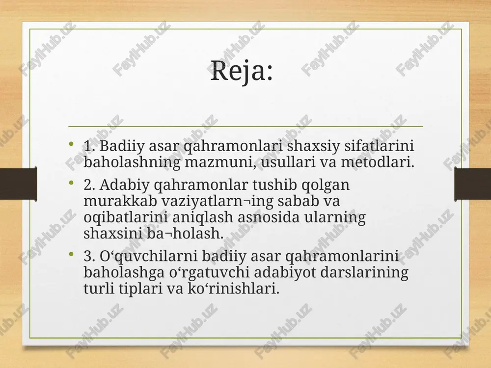 ramonlarga nisbatan muhabbat yoki nafrat, achinish yoxud g‘azablanish hissi, ularga ko‘maklashish, dardlarini bo‘lishish ehtiyoji paydo bo‘ladi. o‘quvchi ko‘nglida badiiy matn muhokamasi asnosida paydo bo‘lgan bunday tuyg‘ular uni asarning mohiyatiga chuqurroq kirishga, oqibatlarning sababla¬rini yaxshiroq o‘rganishga, qahramonning shaxsi, xatti-harkatlarini taftish qilishga undaydi. shu asnoda badiiy asar qahramonlariga munosabat bildiriladi va baholanadi. adabiy ta’lim uchun asar yoki undagi timsollarga nima uchun shunday baho berilganligini asoslab berish o‘ta muhimdir. bunday vaziyatlarda o‘qituvchi kuzatuvchi, muvofiqlashtiruvchi, yo‘naltiruvchi va umumlashtiruvchi mavqeni egallaydi. o‘quvchilarni badiiy asar qahramonlarini baholashga o‘rgatuvchi adabiyot darslarining turli tiplari va ko‘rinishlari mavjud. darsning alohida usullari maktab amaliyotida namoyon bo‘ladi. bunday darslar o‘qituvchilarning amaliy faoliyatida alohida o‘rin egallaydi. o‘quvchilarni badiiy asar qahramonlarini tasniflashga o‘rgatadigan darslar o‘z maqsadiga ko‘ra o‘quvchilarning tanqidiy hamda estetik tafakkurlari, badiiy his-tuyg‘ulari, ko‘rkam asarni idrok etish ko‘nikmalari, obrazli tafakkurlarini o‘stirish, ular ongini timsollar yordamida boyitish, axloqiy, estetik, ijtimoiy-siyosiy, huquqiy, ma’naviy tarbiyalash, o‘qishga ijobiy munosabat uyg‘otish, badiiy asar va san’at namunalari bilan …