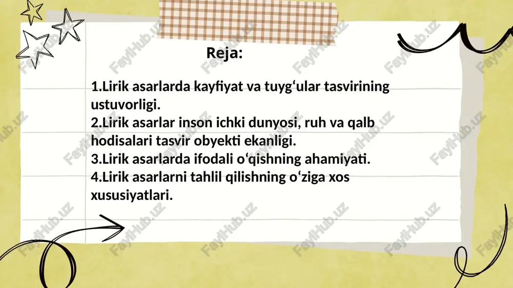qiz" (1981), "iltijo" (1987), "ko'zlarimdasan" (1995) kabi kitoblari xalq tomonidan iliq kutib olingan. 1998 yilda "o'zbekiston xalq shoiri" unvoni bilan taqdirlangan. shoirning ijodi muhabbat, vatanparvarlik va insoniylik mavzularini o'z ichiga oladi. u 2001 yilda toshkentda vafot etgan. muhammad yusufning ijodi o'zbek adabiyotining yorqin sahifalaridan biridir. ... t.me/slaydai_bot lirikaning latina poetikasi qadimiy rim adabiyotidagi asosiy yo'nalishlardan biri bo'lib, miloddan avvalgi iii asrda shakllangan. bu davrda lirika vergiliy, horatsiy, va ovidiy kabi mashhur shoirlar tomonidan rivojlantirilgan. ular yunon adabiyoti an'analariga tayangan holda ijod qilishgan. vergiliyning "bucolica" va "georgica" asarlari, horatsiyning "oʻdlar" toʻplamlari va ovidiyning "metamorfozalar" kabi asarlari bu davr lirikasining muhim yodgorliklari hisoblanadi. lirik janrda sevgi, tabiat tarannum etilgan bo'lib, san'atkorlik va badiiy bezaklar orqali ifodalangan. lirika asarlarida hiiyotlarning nafis ifodalanishi ko'zga tashlanadi. ... t.me/slaydai_bot muhammad yusuf o‘zining she'rlarida vatansevarlikni chuqur tarannum etadi. uning asarlarida ona yurtga bo‘lgan muhabbat, milliy g‘urur va tarixiy qahramonliklar mavzui yoritiladi. she'rlarida vatan zaminiga hurmat va uning …