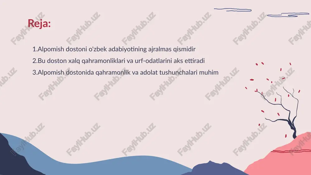 ari xilma-xildir. har bir qahramon o'z faoliyati orqali adolatni tiklashga, dushmanlarga qarshi kurashishga intiladi. • tarixiy ahamiyati - alpomish asari orqali qahramonlik va adolat tushunchalari xalqimizning ma'naviy qadriyatlari va tarixiy tajribalarini ifodalaydi. bu tushunchalar jamiyatda muhim o'rin tutadi. alpomish dostonida qahramonlik va adolat tushunchalari muhim • tarixiy ahamiyat - dostonlar xalqlar tarixini aks ettiruvchi asarlar hisoblanadi. ular orqali qadimiy madaniyatlar, urushlar va urf-odatlar haqida ma'lumot olish mumkin. • qadriyatlar - dostonlarda qahramonlik, vatanparvarlik va mehr-oqibat kabi qadriyatlar taqdim etiladi. bu qadriyatlar yosh avlodga ulashish muhimdir. dostonni o'qish orqali tarixiy qadriyatlarni bilib olamiz • doston haqida ma'lumot - alpomish dostoni o'zbek adabiyotining eng yuksak namunalaridan biri hisoblanadi. bu asar xalqning madaniy merosini aks ettiradi. • til go'zalligi - doston o'zbek tilining boyligi va nafisligini ko'rsatadi. unda tasvirlar va mavhumliklar ustunlik qiladi. • o'zbekiston qadriyatlari - alpomish dostoni orqali o'zbek xalqining qadriyatlari, an'analari va urf-odatlari yetkaziladi. • yozuv san'ati - bu doston …