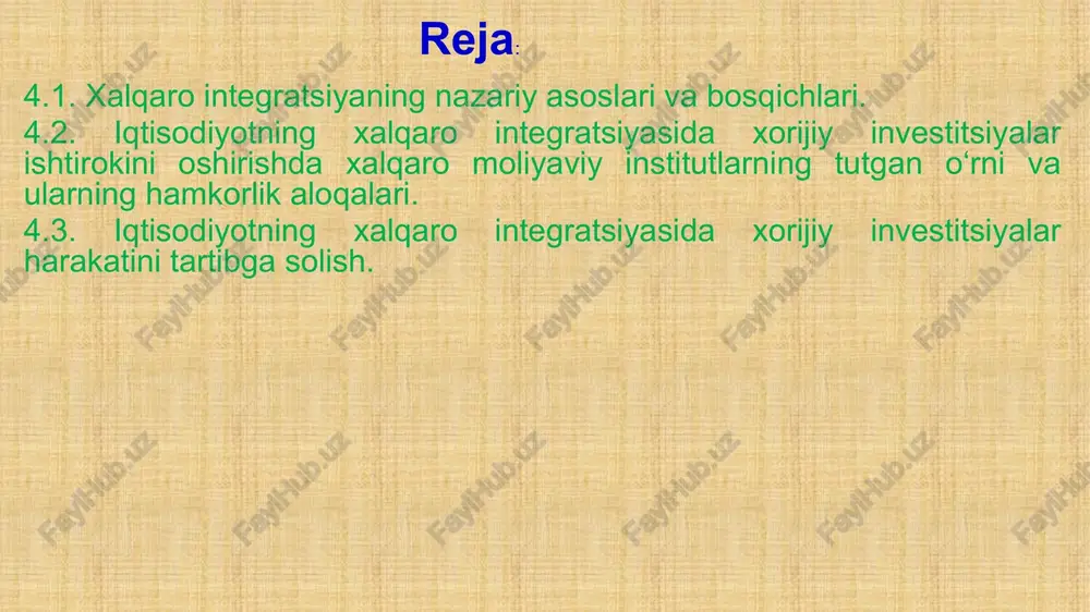 hon xo’jaligiga integratsiyalashuvi ko’p darajali tizim sifatida amal qilib, uni quyidagi beshta darajaga ajratish mumkin: global; transkontinental; mintaqalararo; mintaqaviy; mahalliy. o’zbekistonning global darajada amalga oshiriluvchi strategik integratsion vazifasi – bu mamlakatdagi barcha xo’jalik sub’ektlarining tashqi bozor bilan o’zaro aloqasini ta’minlash uchun teng huquqli va milliy manfaatlarga mos keluvchi shart-sharoitlarni yaratish asosida uning xalqaro valyuta-moliya va savdo mexanizmlariga bevosita qo’shilishidir. o’zbekistonning bmt, yevropada xavfsizlik va hamkorlik tashkiloti (obse), yevropa hamjamiyati, jahon banki, xalqaro valyuta fondi, iqtisodiy hamkorlik tashkiloti (eko) kabi tashkilotlar faoliyatidagi faol ishtiroki uning jahon xo’jaligiga yanada kengroq integratsiyalashuvini ta’minlaydi. o’zbekistonning transkontinental darajada amalga oshiriluvchi integratsion vazifasi – bu xalqaro transosiyo iqtisodiy xamkorlik tashkiloti (eko) doirasidagi o’zaro aloqalarni yanada kuchaytirishdan iborat. bu tashkilot 1992 yilda tashkil etilgan bo’lib, o’z ichiga osiyo qit’asining 10 ta davlati (turkiya, eron, pokiston, afg’oniston, o’zbekiston, qozog’iston, qirg’iziston, tojikiston, turkmaniston va ozarbayjon)ni oladi. uning asosiy maqsadi – xo’jalikning transport, kommunikatsiyalar, sanoat, qishloq xo’jaligi, savdo, turizm, ishchi …