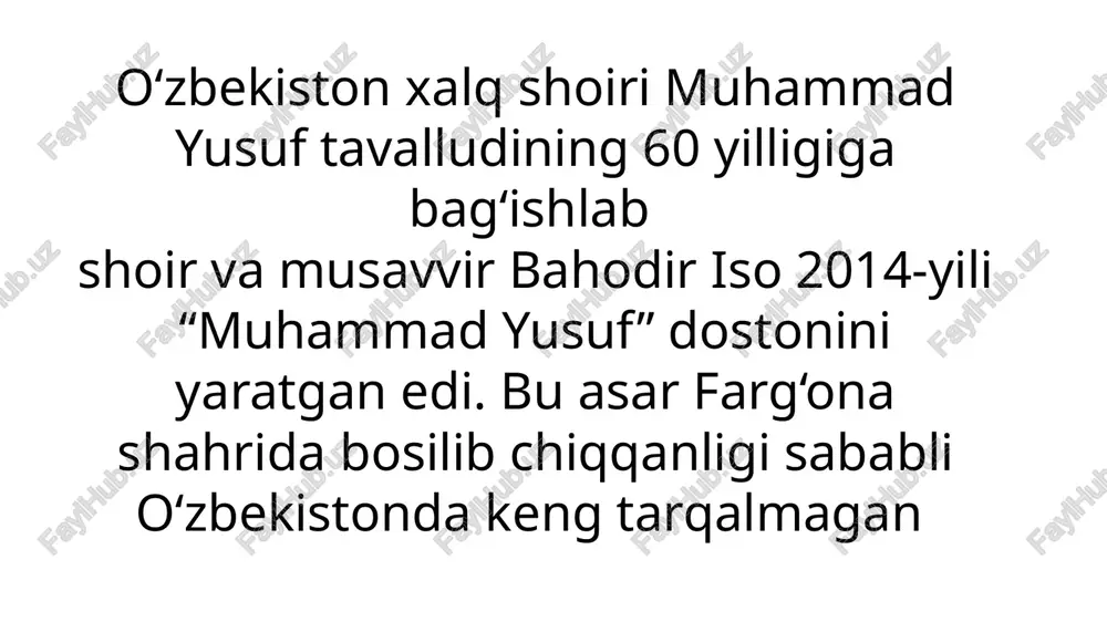 ngiz deb atashining o‘zida munosabat bor. o‘tmishdagi ajdodlar oldida avlodlarning burchdorligi, ularning xotirasini aziz tutish darkorligi tarixiy siymolar misolida uqdiriladi. .doston nomiga ko‘z tashlagan o‘quvchi nega uning nomi “qora quyosh” ekani, bu ramziylik ostida qanday maʼno yashiringani bilan qiziqadi. adabiyot tarixida o‘zigacha bo‘lgan ijodkorlardan farqli ravishda, muhammad yusuf quyosh timsoliga o‘zgacha maʼno yuklaydi. yusuf xos hojib, alisher navoiy kabi ijodkorlarda quyosh yaratuvchanlik, hukmdorlarning adolati ramzi etib tasvirlangan. xx asr o‘zbek adabiyotida ham oybekning “quyosh qoraymas” romani, o‘lmas umarbekovning “shoshma, quyosh!” kabi dramalarida, hatto jahon adabiyoti namunalaridan bo‘lgan r.xemingueyning “quyosh baribir chiqaveradi”, xolid husayniyning “ming quyosh shuʼlasi” romanlarida ham quyosh so‘zi faqat asar sarlavhasidan joy olib qolmay, balki asarning g‘oyasini ochib berishda obraz sifatida ham xizmat qilgan. m.yusuf dostonlarini ilmiy jihatdan chuqur o‘rganilayotgani ham quvonarli, jumladan, dildora azimovaning 2020-yil iyulida “yangi o‘zbek doston (poema) larida davr va shaxs fojiasining poetik talqini” (oybek, mirtemir, s.zunnunova, zulfiya, e.vohidov, a.oripov dostonlari misolida) mavzusidagi doktorlik …