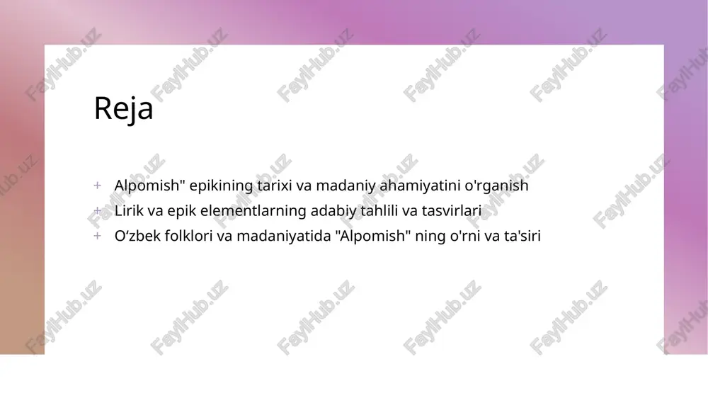 biriga bo'lgan bog'liqligini va madaniy boyliklarini namoyish etadi. alpomish" epikining lirik va epik unsurlarining yozma ifodalari va uslublari. 1 lirik unsurlarining ifodasi "alpomish" epikida lirik unsurlarining yozma ifodalari poetik til, ramziy tasvirlar va emotsional ifoda uslublari bilan boyitilgan. bu unsurlar xalq og'zaki ijodida muhim ahamiyatga ega. 2 epik unsurlarining yozma ifodasi epik unsurlar yozma shaklda epik shoirlar tomonidan yozilgan misralar, epizodlar va motivlar orqali ifodalanadi, bu esa asarning davomiyligini ta'minlaydi. 3 uslublar va ifodalar asarda poetik uslublar, yozuv texnikalari va ramziy til keng qo'llaniladi, bu esa "alpomish" dostoni mazmuni va estetik qiymatini oshiradi. lirik-epik elementlarning obrazli tasvirlari va poetik uslublardagi o'ziga xosligi. 01 tasviriy ifodalar "alpomish" dostonida lirik-epik elementlarining obrazli tasvirlari boy va rang-barang bo‘lib, qahramonlarning fazilatlari va voqealarni jonli tasvirlash uchun keng qo‘llaniladi. bu uslub o‘quvchining tasavvurini uyg‘otadi va voqealar bilan yaqinroq bog‘lanishni ta’minlaydi. 02 poetik uslublar epik va lirik unsurlar poetik uslublarda o‘ziga xos shakl va uslublar bilan …