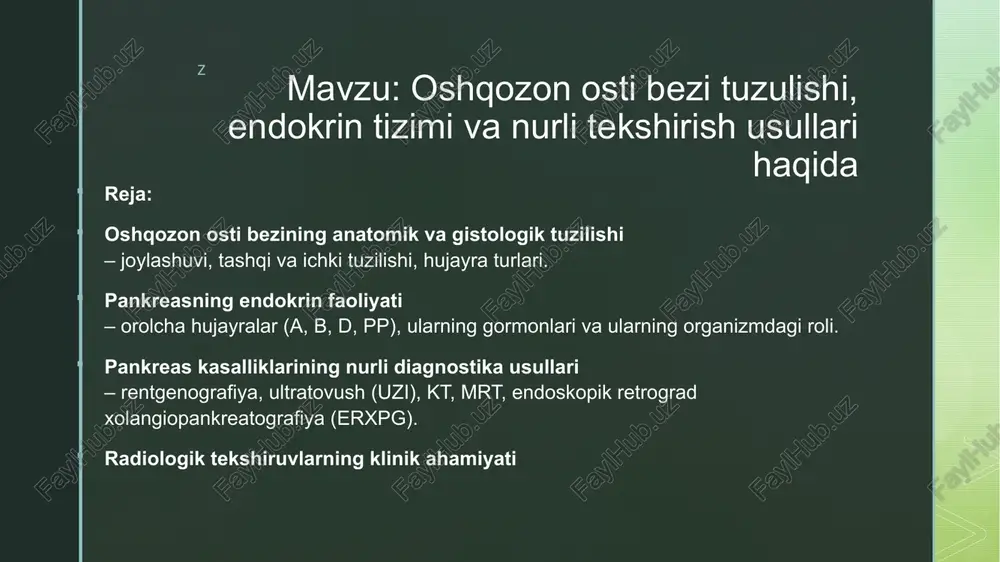 oshqozon osti shirasini (amilaza, lipaza, tripsin kabi fermentlar) ishlab chiqaradi. bu fermentlar o‘n ikki barmoq ichakka chiqaruv yo‘llari orqali o‘tadi va hazm jarayonida ishtirok etadi. endokrin qismi (langerhans orolchalari) – bezning 2–3% qismini tashkil etadi. ular orolcha shaklida joylashgan hujayralardan tuzilgan: a-hujayralar – glyukagon ishlab chiqaradi. b-hujayralar – insulin ishlab chiqaradi. d-hujayralar – somatostatin ishlab chiqaradi. pp-hujayralar –pankreatik polipeptid ajratadi. z z pankreasning endokrin faoliyati pankreasning endokrin qismi langerhans orolchalari deb ataladi. ular bezning har joyida joylashgan bo‘lib, qon tomirlari bilan boy ta’minlangan. shu orqali u ishlab chiqargan gormonlar to‘g‘ridan-to‘g‘ri qon oqimiga o‘tadi. endokrin qism organizmning uglevod, oqsil va yog‘ almashinuvini boshqarishda muhim rol o‘ynaydi. langerhans orolchalari tuzilishi bu orolchalar turli xil hujayra turlaridan tashkil topgan: 🩸 b-hujayralar (β-hujayralar) – insulin gormonini ishlab chiqaradi. orolchadagi barcha hujayralarning taxminan 70–80% ini tashkil etadi. insulinning vazifasi: qondagi glyukozani kamaytiradi.•glyukozani hujayralarga o’kazadi. jigar va mushaklarda glikogen shaklida saqlanishiga yordam beradi. •yog.‘ va oqsil …