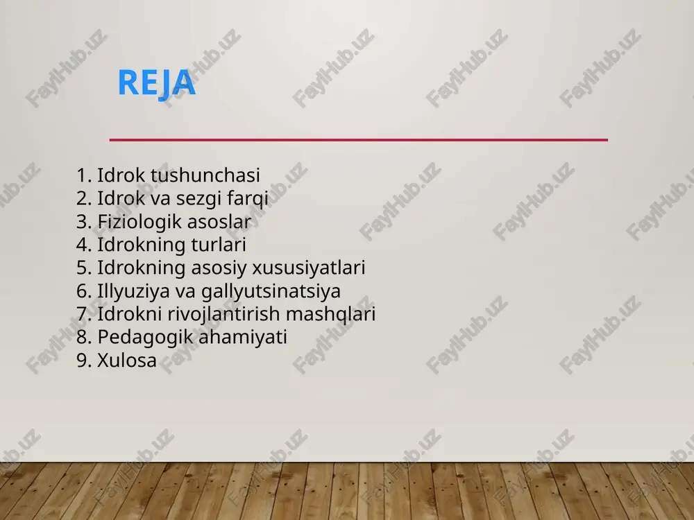 qligiga qaramay uning ovozini eshitish. ko‘pincha ruhiy kasalliklar yoki charchash oqibatida paydo bo‘ladi. idrokni rivojlantirish mashqlari • kuzatish mashqlari (atrofni diqqat bilan kuzatish). • xotira va idrokni uyg‘unlashtirish mashqlari. • rang va shaklni ajratish mashqlari. • musiqa va ritm orqali idrokni kuchaytirish. pedagogik ahamiyati • o‘quvchilarning bilimni to‘liq qabul qilishiga yordam beradi. • ta’lim jarayonida motivatsiyani oshiradi. • axborotni aniq va tushunarli idrok etish imkonini yaratadi. xulosa idrok — insonning atrof-muhitni to‘liq anglashiga yordam beruvchi psixik jarayon. illyuziya va gallyutsinatsiyani bilish idrokning murakkabligini ko‘rsatadi. idrokni rivojlantirish ta’lim samaradorligini oshiradi. image2.png image3.jpeg image4.jpeg image5.jpeg image1.jpg /docprops/thumbnail.jpeg