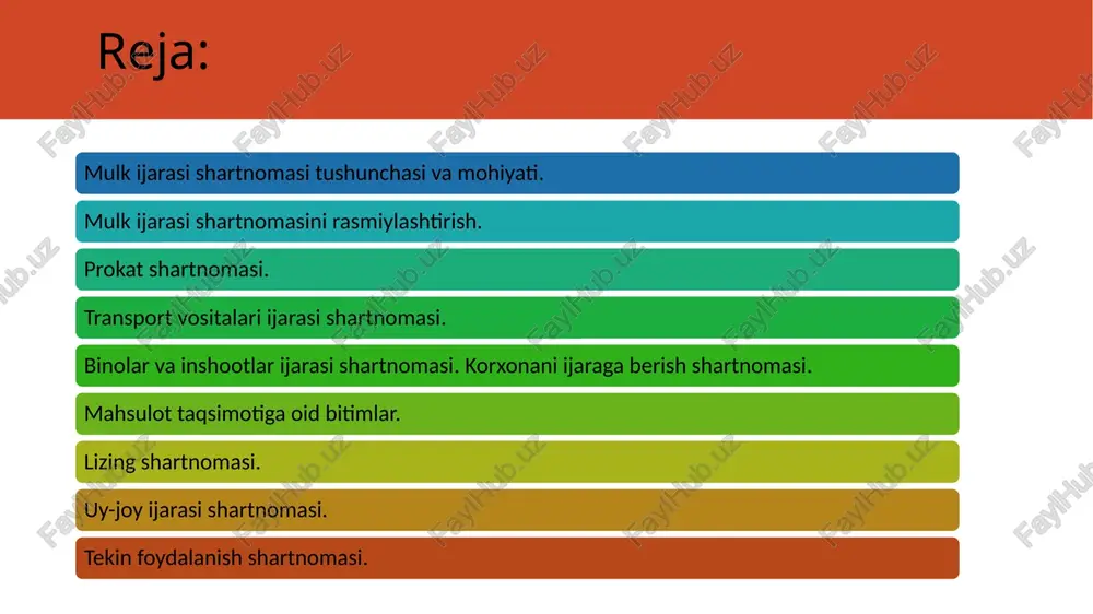 mustaqil ravishda ijaraga berishga haqli. mol-mulkka vaqtincha egalik qilish va foydalanish mol-mulkdan vaqtincha foydalanish mulk ijarasi shartnomasi jismoniy shaxslar o’rtasida og’zaki shaklda faqat bir yildan ortiq bo’lmagan muddatga tuzilishi mumkin.bunda bitim bahosi ahamiyatga ega emas. biroq, agar mulk ijarasi shartnomasining alohida turlariga nisbatan qonunda yozma shakl belgilangan bo’lsa, u holda jismoniy shaxslar o’rtasida tuziladigan bunday mulk ijarasi shartnomasi muddatidan qat’iy nazar og’zaki tuzilishi mumkin emas. yuridik shaxslar o’rtasida yoki yuridik va jismoniy shaxslar o’rtasida tuziladigan mulk ijarasi shartnomasi yozma shaklda tuzilishi lozim. bir yildan ortiq muddatga tuziladigan mulk ijarasi shartnomasi shartnoma taraflari bo’lib kimlar ishtirok etishidan qat’iy nazar yozma shaklda tuzilishi kerak. ko’chmas mulk ijarasi shartnomasi taraflari bo’lib kimlar ishtirok etishidan qat’iy nazar yozma shaklda tuzilishi hamda davlat ro’yxatidan o’tkazilishi talab qilinadi. mulk ijarasi shartnomasining shakli va muddati shartnomaga tuzish shakli mulk huquqi ijaraga oluvchiga o’tishini nazarda tutsa, u holda mazkur shartnoma ushbu mol-mulklarni oldi-sotdi shartnomasi uchun talab qilinadigan shaklda …