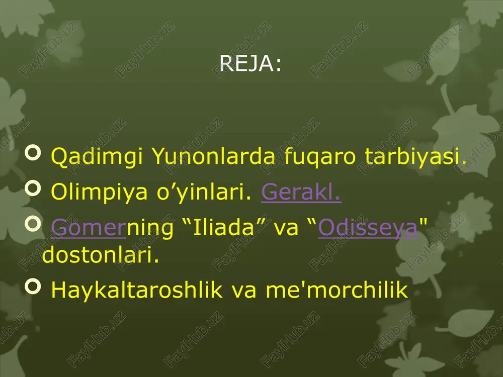ammo eng ko'p mashaqqat va sarguzashtlar odissey va uning hamrohlari chekiga tushadi. odissey nihoyat jonajon itaka o'lkasiga yetib kelguniga qadar dengiz va begona yurtlarda sarson bo'ladi. xix asrning oxirida nemis olimi genrix shlimann gomer hikoyalarim tadqiq qilib, troya joylashgan yerm hisoblab chiqdi. 1870- yilda oiim turkiyadagi hisorlik tepaligi xarobalari hududida qazishma ishlarini bosh­lab yubordi, chindan ham troya qoldiqlarini topdi. qadimgi yunon teatrlari maydoni o'lchamlari kattaligi bilan ajralib turgan. afina teatri 17 ming tomoshabinga mo'ljallangan edi. 0‘zaro kurash namoyish etilgan, odatda qatna- shuvchi kishilar halok bo'lishi bilan tugaydigan pyesa­lar tragediya deyilgan. “shoh edip” va “antigona” sin­gari eng mashhur tragediyalarni sofokl yozgan edi. ajoyib qochiriqlar, quvnoq sahnalar, nozik yumor- ga boy komediyalar esa inson nuqsonlari ustidan ku- ladi. aristofan komediyalar ustasi edi. “arilar”, “qush­lar”, “baqalar” degan mashhur komediyalarni ana shu muallif yozgan. haykallar va boshqa haykaltaroshlik asarlari faqat saroy a’yonlari uylarini bezamasdan, ayni mahalda sha­har maydonlari, ibodatxonalar, hammaga ochiq to- moshabog'lar va …