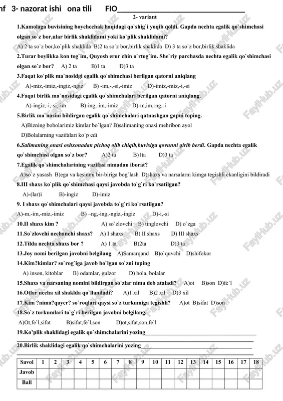 shaklidami yoki ko`plik shaklidami? a) 2 ta so`z bor,ko`plik shaklida b)2 ta so`z bor,birlik shaklida d) 3 ta so`z bor,birlik shaklida 19.birlik shaklidagi egalik qo`shimchalarini yozing_______________________________________ ___________________________________________________________________________________ 20.ko’plik shaklidagi egalik qo`shimchalarini yozing_______________________________________ ___________________________________________________________________________________ savol 1 2 3 4 5 6 7 8 9 10 11 12 13 14 15 16 17 18 javob ball 2- variant 1.kamolaga buvisining boychechak haqidagi qo`shig`i yoqib qoldi. gapda nechta egalik qo`shimchasi olgan so`z bor,ular birlik shaklidami yoki ko`plik shaklidami? a) 2 ta so`z bor,ko`plik shaklida b)2 ta so`z bor,birlik shaklida d) 3 ta so`z bor,birlik shaklida 2.turar boylikka kon tog`im, quyosh erur chin o`rtog`im. she`riy parchasda nechta egalik qo`shimchasi olgan so`z bor? a) 2 ta b)1 ta d)3 ta 3.faqat ko`plik ma`nosidgi egalik qo`shimchasi berilgan qatorni aniqlang a)-miz,-imiz,-ingiz,-ngiz b) -im,-,-si,-imiz d)-imiz,-miz,-i,-si 4.faqat birlik ma`nosidagi egalik qo`shimchalari berilgan qatorni aniqlang. a)-ingiz,-i,-si,-im b)-ing,-im,-imiz d)-m,im,-ng,-i 5.birlik ma`nosini bildirgan egalik qo`shimchalari qatnashgan gapni toping. a)bizning bobolarimiz kimlar bo`lgan? …