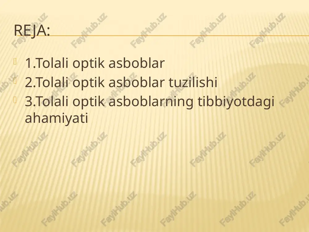 ni n1 \ u003e n2 da, ma'lum bir tushish burchagidagi to'lqin to'liq aks etadi va boshqa muhitga o'tmaydi. . to'lqinning tushish burchagi qanchalik katta bo'lsa , ya'ni φn \ u003e θv, tarqalish sharoitlari shunchalik yaxshi bo'ladi va to'lqin yorug'lik qo'llanmasining qarama-qarshi uchiga tezroq keladi.bunday holda, barcha energiya yorug'lik qo'llanmasining yadrosida to'planadi va deyarli tashqi muhitga chiqarilmaydi.to'liq aks ettirish burchagidan kichikroq burchak bilan, ya'ni. da phn < θv, energiya qobiqqa kirib, tashqi bo'shliqqa tarqaladi va yorug'lik qo'llanmasi orqali uzatish samarasiz. . optik tolali simlar optik tolali to'plamlar ob'ektlarni yoritish uchun mo'ljallanganerishish qiyinjoylarva axborot uzatishmasofaga. ular asbobsozlikning turli sohalarida (optik, elektron,aviatsiya va boshqalar). optik tolali turniketla to'plamlardiryorug'lik qo'llanmalari, uchlarida yopishtirilgan yoki sinterlangan(moslashuvchan)yoki butun uzunligi bo'ylab(qattiq),himoyalanganshaffof emasqobiq va ega bilan tugaydisayqallangansirt. optik tolalarni qo'llash. optik tolalar tibbiy asboblarda qo'llaniladi. bemorning tanasiga kiritilganda, ular organ yoki ta'sirlangan hududning tasvirini tashqi kameraga uzatadi va shu bilan jarrohlik usullari yordamida tekshirish zaruriyatini yo'q qiladi..telekommunikatsiya uchun ishlatiladigan …
