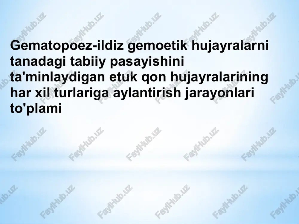 va chuqur invaginatsiyalar mavjud. sitoplazmada azurofil granulalar to'planadi. . neytrofillar klassik fagotsitlardir: ular yopishqoqlik, harakatchanlik, kimyotaksis qobiliyatiga, shuningdek zarralarni (masalan, bakteriyalarni) ushlash qobiliyatiga ega.bazofillar darhol allergik reaktsiyalarni (anafilaktik shok reaktsiyalari) rivojlanishida faol ishtirok etadilar.eozinofillar parazitlarga qarshi immunitet, yallig'lanish vositachilarini zararsizlantirish.b limfotsitlari begona tuzilmalarni (antijenlarni) taniydi, shu bilan birga o'ziga xos antikorlarni (o'ziga xos begona tuzilmalarga qarshi yo'naltirilgan oqsil molekulalari) ishlab chiqaradi.qotil t-lar immunitetni tartibga solish funktsiyasini bajaradi. t-yordamchilar antikor ishlab chiqarishni rag'batlantiradi, t-supressorlar esa uni inhibe qiladi.nk limfotsitlari tana hujayralarining sifatini nazorat qiladi. . . miyeloblastlarda (1) hujayraning deyarli butun hajmini ko'p yadroli yadro egallaydi. promiyelotsitlar (2) sitoplazmada birlamchi granulalar tomonidan hosil bo'lgan azurofil donaga ega bo'ladi. miyelotsitlar bosqichida (3) sitoplazmada birlamchi bosqichlardan tashqari, uchta hujayra turining har biri uchun ikkilamchi, o'ziga xos granulalar paydo bo'ladi – neytrofil, eozinofil va bazofil. yadrolar hali ham yumaloq, hujayralar bo'linishga qodir. rivojlanishning keyingi bosqichlarida yadro shakli o'zgaradi: metamiyelotsitlarda (4, yosh) - loviya shaklida, …