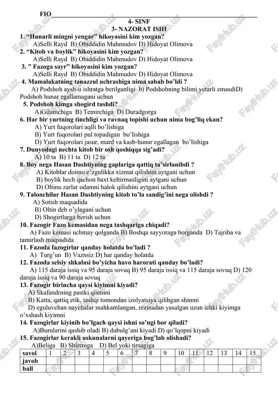 aysi ishni so’ngi bor qiladi? a)burnlarini qashib oladi b) dubulg’ani kiyadi d) qo’lqopni kiyadi 15. fazogirlar kerakli uskunalarni qayeriga bog’lab olishadi? a)beliga b) shlemiga d) bel yoki tirsagiga savol 1 2 3 4 5 6 7 8 9 10 11 12 13 14 15 javob ball 4- sinf 3- nazorat ishi 1. “hunarli mingni yengar” hikoyasini kim yozgan? a)selli rayd b) obiddidin mahmudov d) hidoyat olimova 2. “kitob va boylik” hikoyasini kim yozgan? a)selli rayd b) obiddidin mahmudov d) hidoyat olimova 3. ” fazoga sayr” hikoyasini kim yozgan? a)selli rayd b) obiddidin mahmudov d) hidoyat olimova 4. mamalakatning tanazzul uchrashiga nima sabab bo’ldi ? a) podshoh aysh-u ishratga berilganligi b) podshohning bilimi yetarli emasdid) podshoh hunar egallamagani uchun 5. podshoh kimga shogird tushdi? a)gilamchiga b) temirchiga d) duradgorga 6. har bir yurtning tinchligi va ravnaq topishi uchun nima bog’liq ekan? a) yurt fuqorolari aqlli bo’lishiga b) yurt fuqorolari pul topadigan …