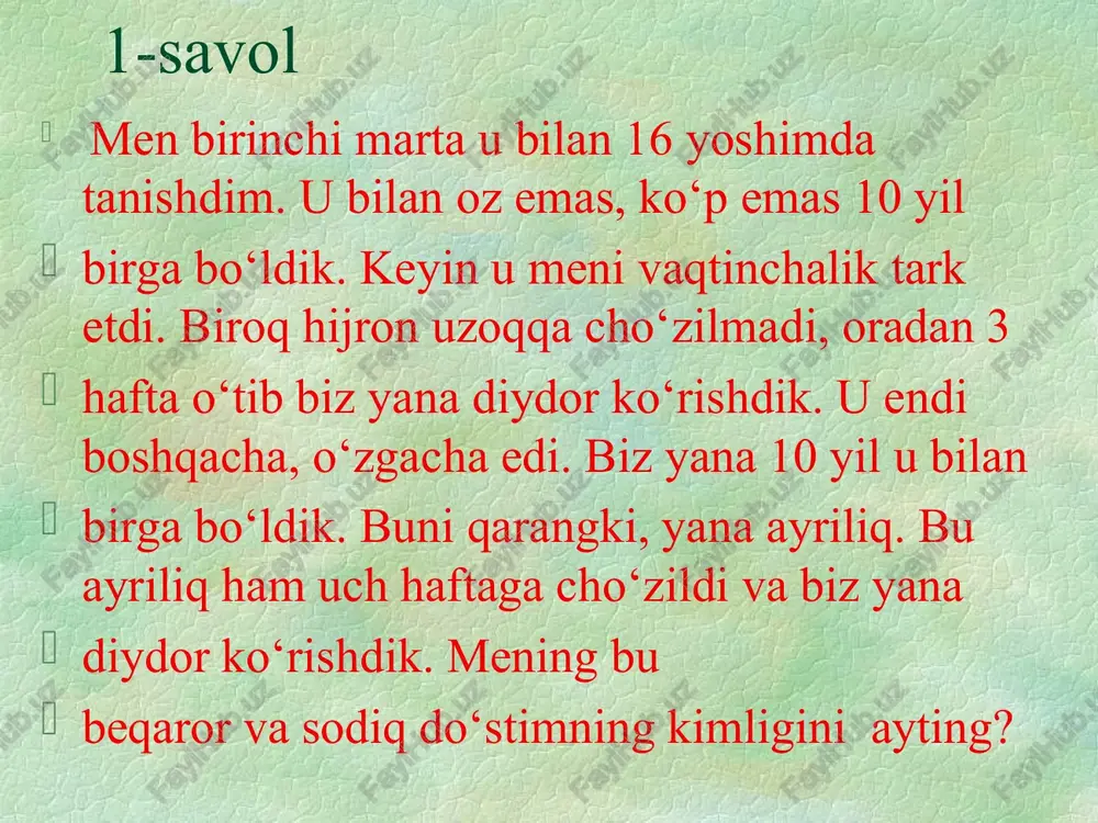 hdagi akademik uylanmoqda. u o’z to’yida qadah so’zi aytmoqda: “sevgi misoli okean. men uningsiz yasholmayman. uni sevdim va bundan uyalmayman” va bo`lajak xotinidan so`radi meni okeandan rashk qilmaysanmi? bu kimning to’yi edi? 12-javob javob: jak iv kusto 13-savol hakimlar aytishlaricha, u charchog‘i yo‘q ibodat, bezaksiz ziynat, davlatsiz haybat, devorsiz qo‘rg‘ondir, u olim uchun ziynat, johil uchun pardadir. hakimlar nimani nazarda tutganlar? 13-javob javob: jim turish.