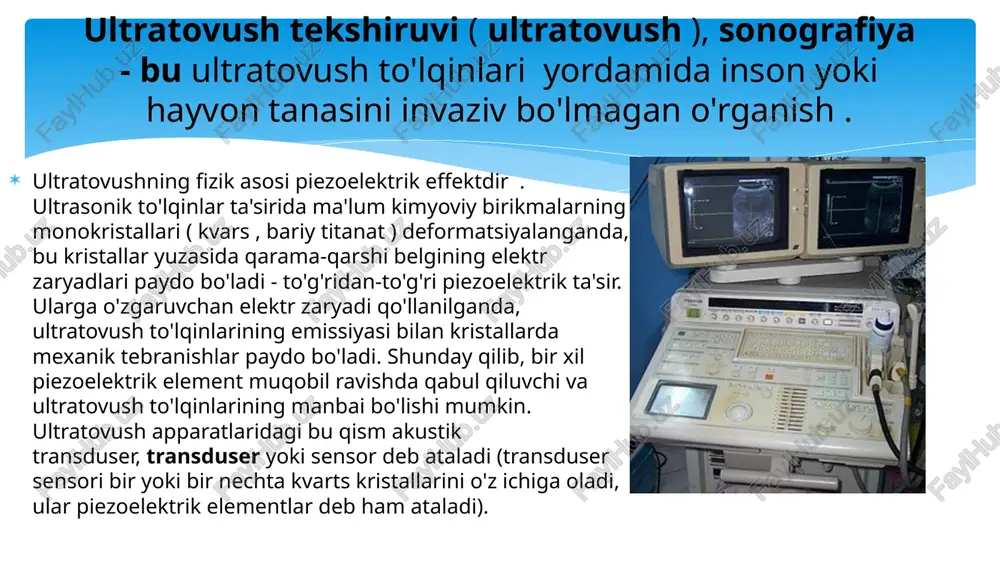 r massivlarini [4] [5] o'z ichiga oladi , masalan, 512 yoki 1024x4 elementlar [4] [5] , ular raqamli nur hosil qilish orqali ultratovushli skanerlashning uchta turini ta'minlaydi: chiziqli (parallel), konveks va sektor . shunga ko'ra, ultratovush qurilmalarining sensorlari yoki transduserlari chiziqli, konveks va sektor deb ataladi. har bir tadqiqot uchun sensorni tanlash organning joylashuvi chuqurligi va tabiatini hisobga olgan holda amalga oshiriladi. . chiziqli datchiklar chiziqli sensorchiziqli sensorlar 5-15 mgts chastotadan foydalanadi. chiziqli sensorning afzalligi - o'rganilayotgan organning transduserning o'zi tana yuzasidagi holatiga to'liq mos kelishi. chiziqli datchiklarning kamchiliklari barcha holatlarda transduser yuzasining bemorning terisi bilan bir xil aloqada bo'lishini ta'minlashning qiyinligi bo'lib, bu chekkalarda paydo bo'lgan tasvirning buzilishiga olib keladi. bundan tashqari, chiziqli sensorlar yuqori chastotasi tufayli o'rganilayotgan hududning yuqori aniqlikdagi tasvirini olish imkonini beradi, ammo skanerlash chuqurligi juda kichik (11 sm dan oshmaydi). ular asosan yuzaki tuzilmalar - qalqonsimon bez, sut bezlari, mayda bo'g'inlar va mushaklarni o'rganish, shuningdek, …