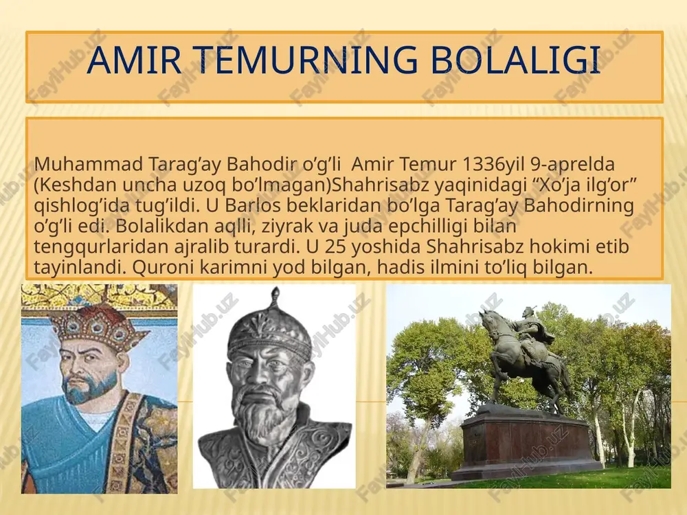 bormasin, o’sha yerdan eng qo’li gul ustalarni, hunarmand va san’atkorlarni, shoiru olimlarni ozor yetkazmay olib keldi, ularni tarbiyalab voyaga yetkazdi. uning davrida samarqand yer yuzining sayqaliga, buxoro islom dinining quvvatiga aylandi. shahrisabz, shoxruhiya, forij, sultoniya shaharlari bunyod etildi. xullas, turon yurti – o’z madaniyati taraqqiyoti bilan jahonning ko’zini qamashtirdi. amir temur davrida muomalada bo’lgan tangalar tangalar asosan ikki xil bo`lib biri yirik kumush tanga 6 g teng bo`lgan, ikkinnchisi xam shunday qiymatga ega bo`lib 1.5 g tashkil etgan. amir temur movorounnahr amiri 1370 yil 11-aprelida chig'atoy ulusining beklari va amirlari, safdoshlari va piri said baraka a.temurni movarounnahr amiri deb elon qildi va markazlashgan davlat vujudga keldi. 8 amir temur va temuryilar davrida bunyod etilgan me’mori obidalar va bog’lar samarqandda: go’ri amir maqbarasi, shohi zinda ansambli majmui, ko’k saroy, bo’stonsaroy, bibixonim masjidi va madrasasi, ulug’bek madrasasi, ulug’bek rassadxonasi, bog’u dyilkusho, bog’i behisht, bog’i jahonaro, bog’i nav, bog’i davlatobod, bog’i shamol. 9 …