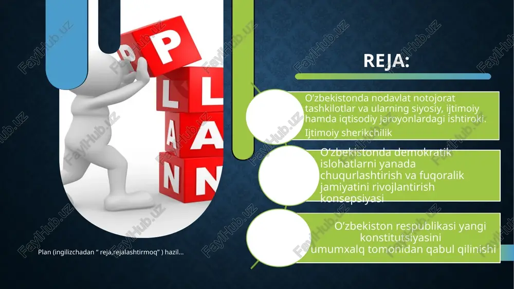 a yoshlarni ijtimoiy va siyosiy jarayonlarga jalb qilish uchun platformalar taqdim etadi. bu nodavlat notijorat tashkilotlari, jumladan, o‘zbekistonda fuqarolik jamiyatini rivojlantirishga hissa qo‘shmoqda. ular inson huquqlarini ilgari surish, ijtimoiy adolatni targ‘ib qilish, iqtisodiy o‘sishni qo‘llab-quvvatlash va fuqarolik faolligini oshirishda hal qiluvchi rol o‘ynaydi. ularning siyosiy jarayonlardagi ishtiroki turlicha boʻlishi mumkin boʻlsa-da, ular koʻpincha siyosat ishlab chiqishga taʼsir oʻtkazish, shaffoflikni taʼminlash va hokimiyatni javobgarlikka tortishga qaratilgan. davomi… 4 5 ijtimoiy sherikchilik ijtimoiy sheriklik - davlat organlarining nodavlat notijorat tashkilotlari va fuqarolik jamiyatining boshqa institutlari bilan mamlakatni ijtimoiy-iqtisodiy rivojlantirish dasturlarini, shu jumladan tarmoq, hududiy dasturlarni, shuningdek normativ-huquqiy hujjatlarni hamda fuqarolarning huquqlari va qonuniy manfaatlariga daxldor bo‘lgan boshqa qarorlarni ishlab chiqish hamda amalga oshirish borasidagi hamkorligidir. 5 o’zbekistonda demokratik islohatlarni yanada chuqurlashtirish va fuqoralik jamiyatini rivojlantirish konsepsiyasi 6 o‘zbekistonda demokratik islohotlarni yanada chuqurlashtirish va fuqarolik jamiyatini rivojlantirish konsepsiyasida asosiy e’tibor demokratiya tamoyillari, inson huquqlari va qarorlar qabul qilish jarayonlarida fuqarolar ishtirokini kuchaytirishga qaratilgan. …