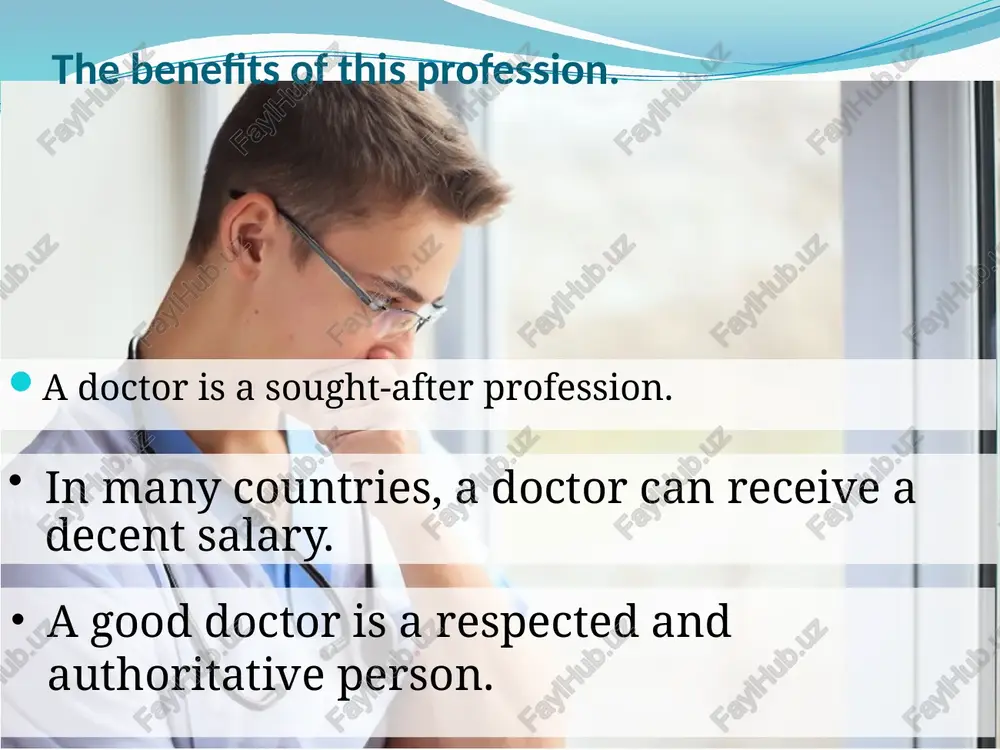 unlight, water, wind. the first professional doctors, according to historians, appeared in ancient egypt, assyria, babylon, india, china and greece. such doctors first began to use empirical medicine, the methods of which were based on the experience of past generations of healers. what qualities you need to have for the profession of doctor? (knowledge) doctor must love people have a great knowledge about biology and chemistry be ready for the most difficult situations you need to study from 7 to 9 years in high school to be responsible and responsive famous personalities nikolay ivanovich pirogov, world-famous doctor. he is considered to be the founder of field surgery, and was one of the first surgeons in europe to use ether as an anaesthetic. he was the first surgeon to use anaesthesia in a field operation . ivan petrovich pavlov. russian physiologist known chiefly for his development of the concept of the …