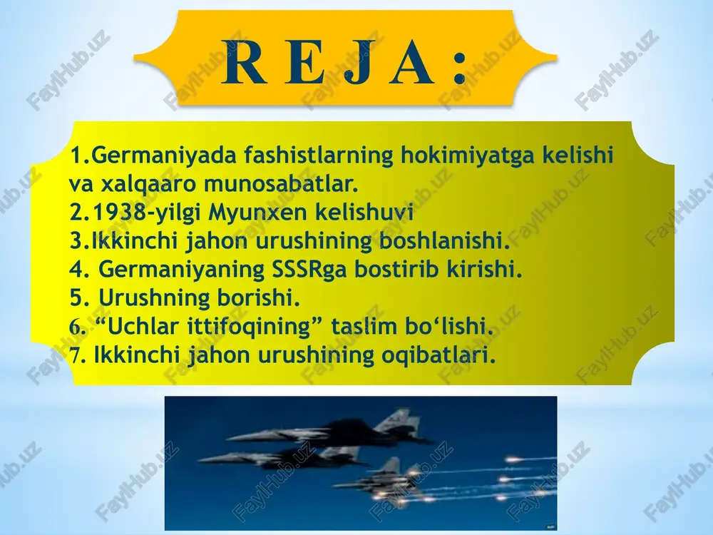 hi bo‘lib o‘tdi. sssr tajovuzkor davlat sifatida millatlar ligasi tarkibidan chiqarildi. 1940-yil martda sssr finlandiya bilan sulh tuzishga majbur bo‘ldi. 1940-yil sentabrda germaniya, yaponiya va italiya o‘rtasida harbiy hamkorlik to‘g‘risida kelishuv – uchlar pakti imzo landi. tez orada bu pakt ga vengriya, ruminiya, slovakiya va bolgariya ham qo‘shildi. germaniya bilan sssr o‘rta sidagi urush muqarrar bo‘lib, g‘arbiy yevropaning egallanishinigitler o‘zi ning asosiy rejasi – sharqqa yurish uchun tayy orgarlik sifatida qarayotgan edi. gitler sssrni shid datbilan tor-mor qilishni ko‘zda tutgan «bar barossa» rejasini tasdiqladi. 1941-yili 22-iyunda germaniya sssrga bostirib kirdi. germa niya ning hujumi sssr uchun kutilmaganda yuz berganligi i. sta linning eng yirik xatolaridan biri bo‘ldi. antigitler koalitsiya. urush davri plakati. 1941-yil avgustda aqsh va buyuk britaniya urush payti va undan keyingi hamkorlik ta moyillari to‘g‘risida deklarat siyani – atlantik xar tiya ni im zoladi. 1941-yil sentabrda sssr atlantik xartiyaning asosiy tamoyillarini qabul qildi. 1942-yil noyabrda sovet qo‘shinlari stalingrad …